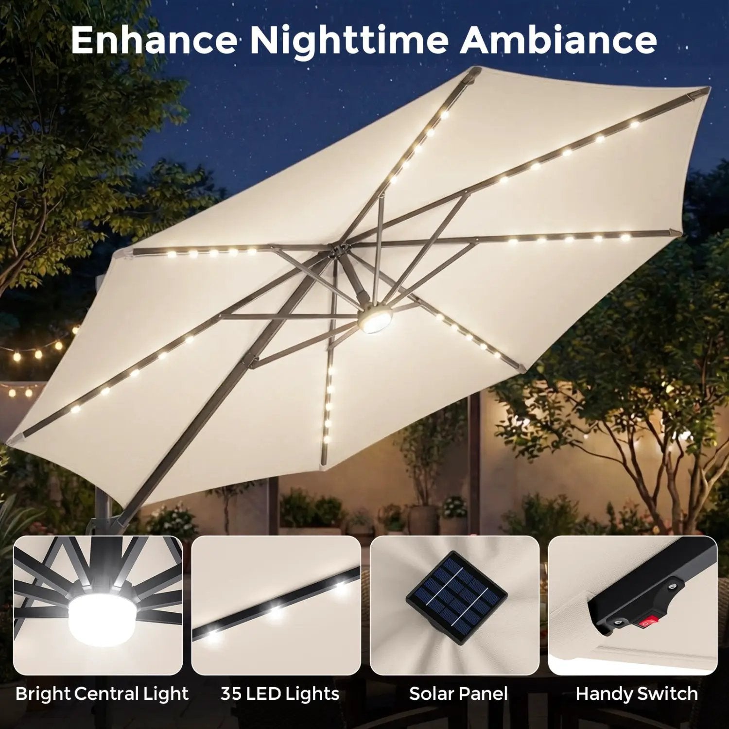 10 FT Cantilever Patio Umbrella with Solar LED Lights & Base by DirectDeals