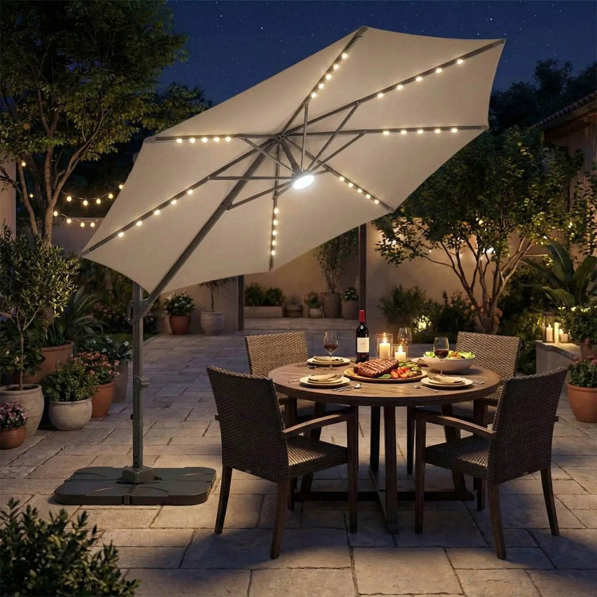 10 FT Cantilever Patio Umbrella with Solar LED Lights & Base, photo 9 of 40