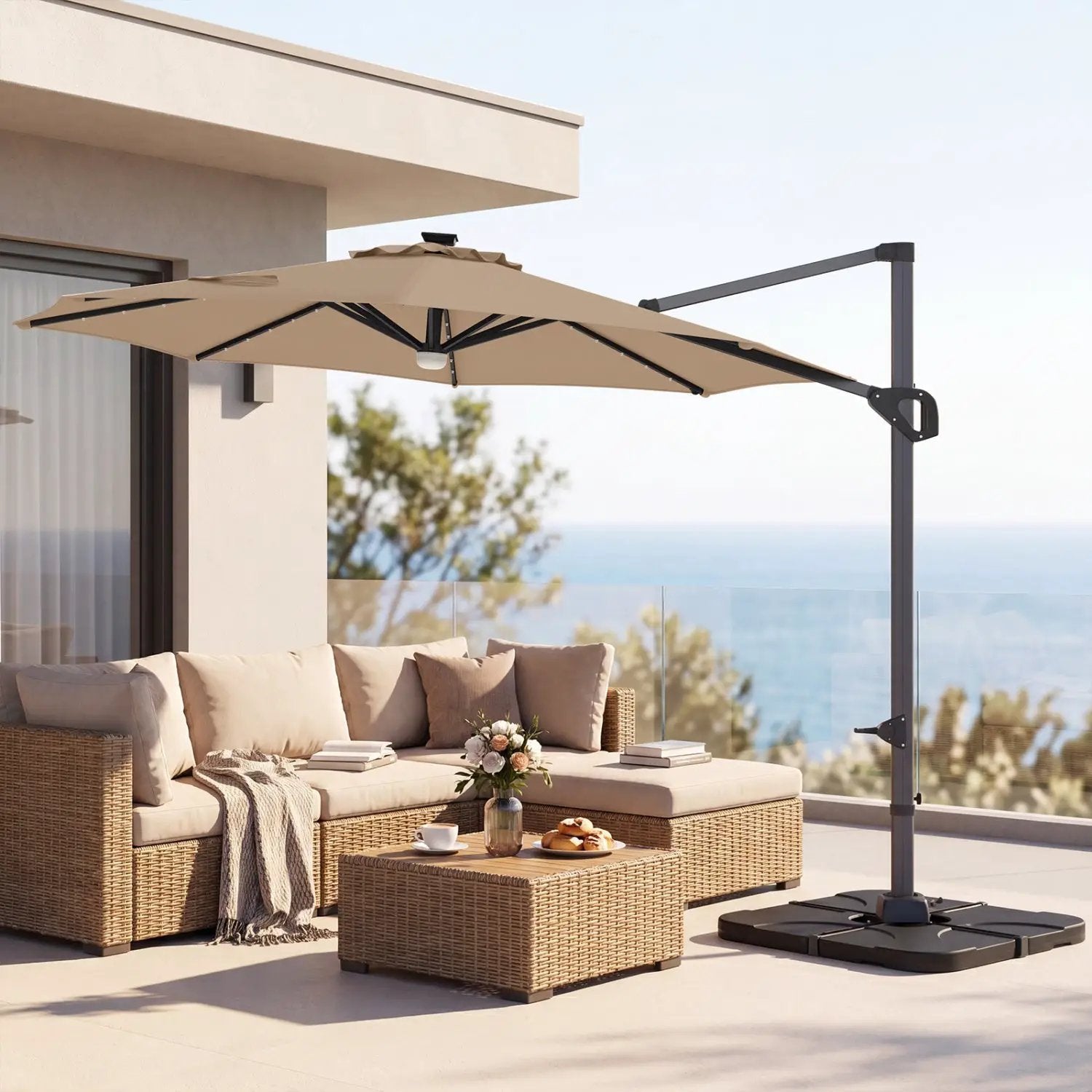 10 FT Cantilever Patio Umbrella with Solar LED Lights & Base by DirectDeals
