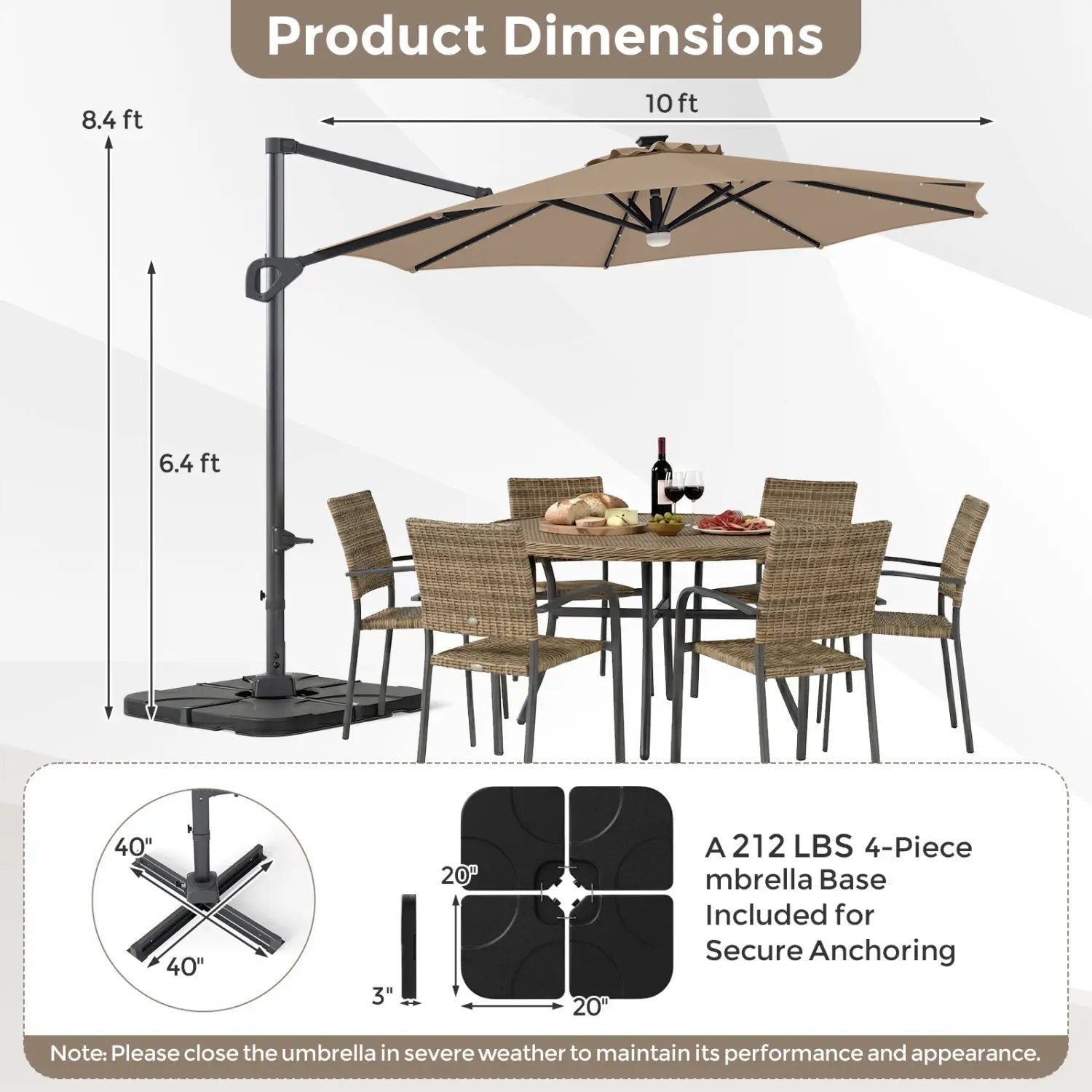 10 FT Cantilever Patio Umbrella with Solar LED Lights & Base by DirectDeals