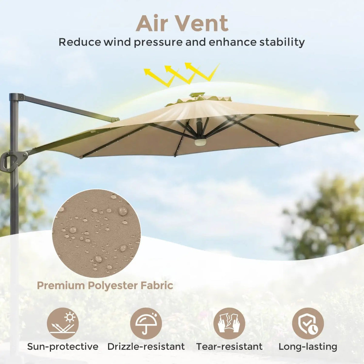 10 FT Cantilever Patio Umbrella with Solar LED Lights & Base, photo 14 of 40