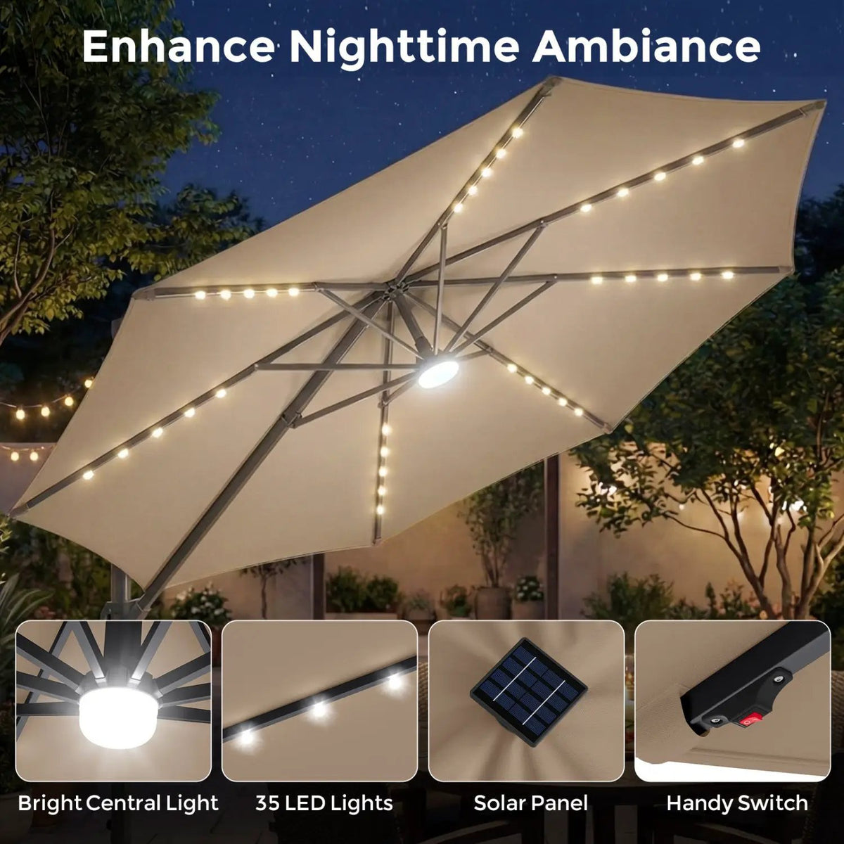 10 FT Cantilever Patio Umbrella with Solar LED Lights & Base, photo 15 of 40