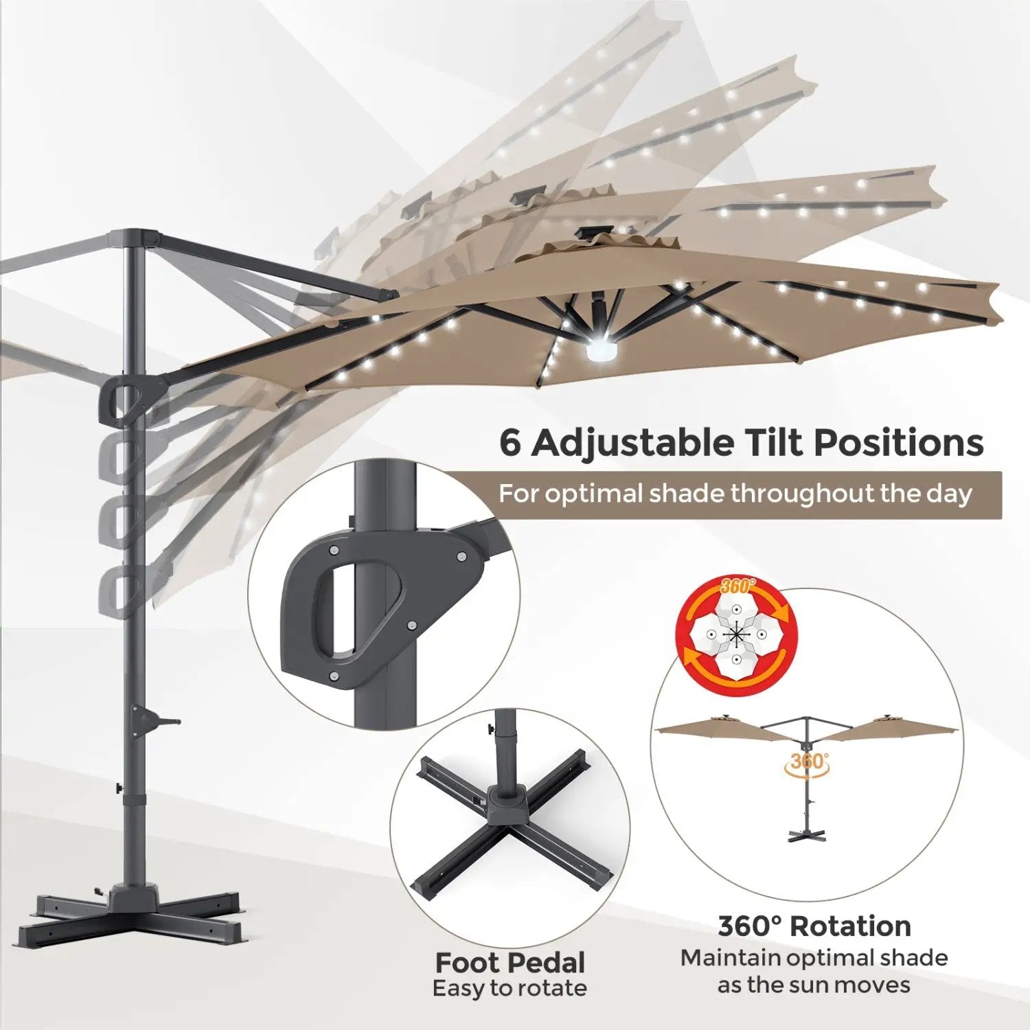 10 FT Cantilever Patio Umbrella with Solar LED Lights & Base by DirectDeals