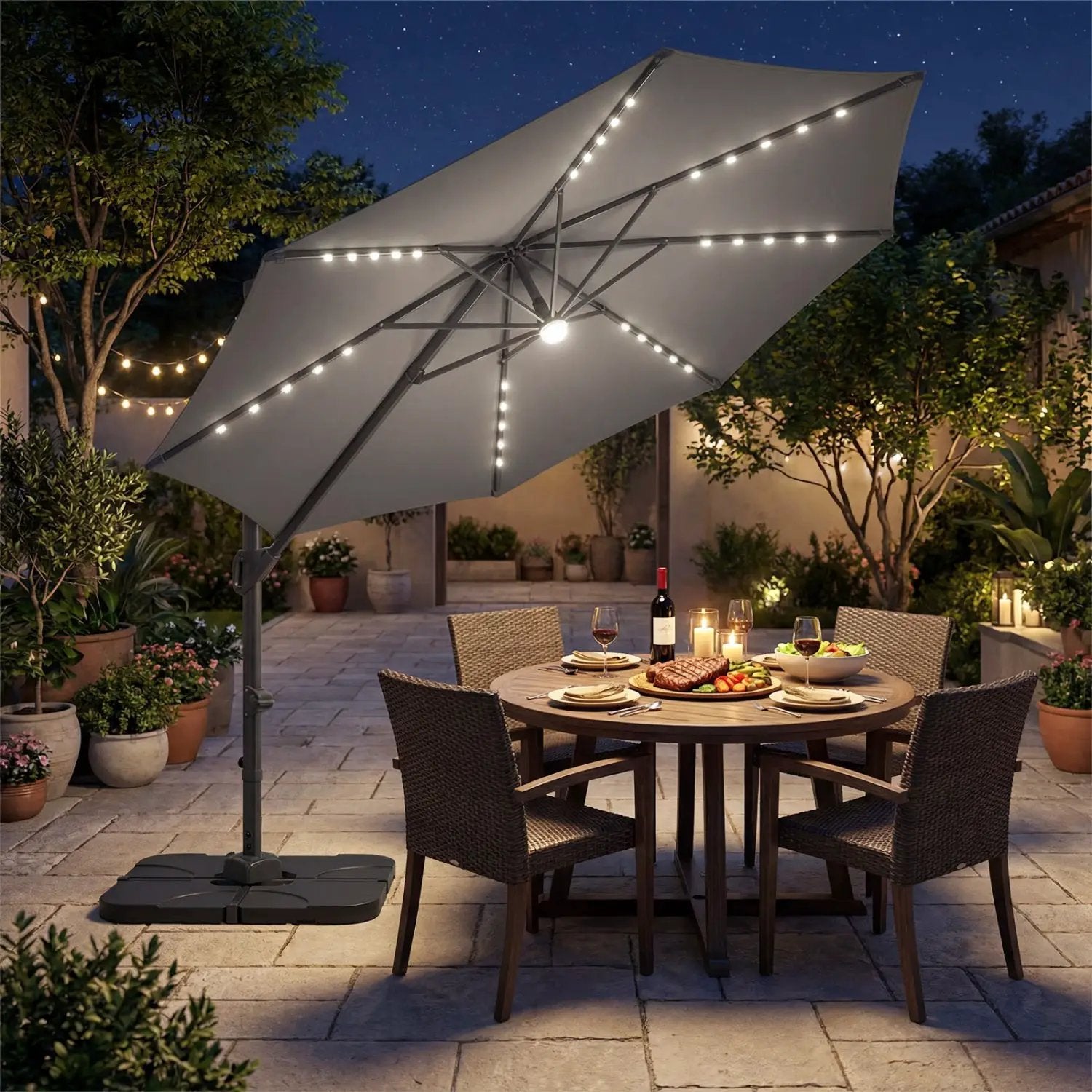 10 FT Cantilever Patio Umbrella with Solar LED Lights & Base by DirectDeals