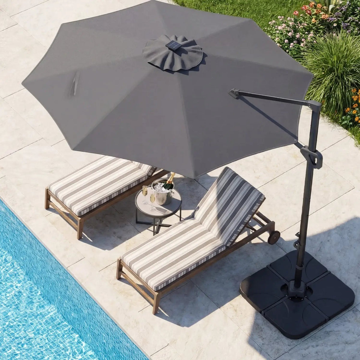 10 FT Cantilever Patio Umbrella with Solar LED Lights & Base, photo 18 of 40