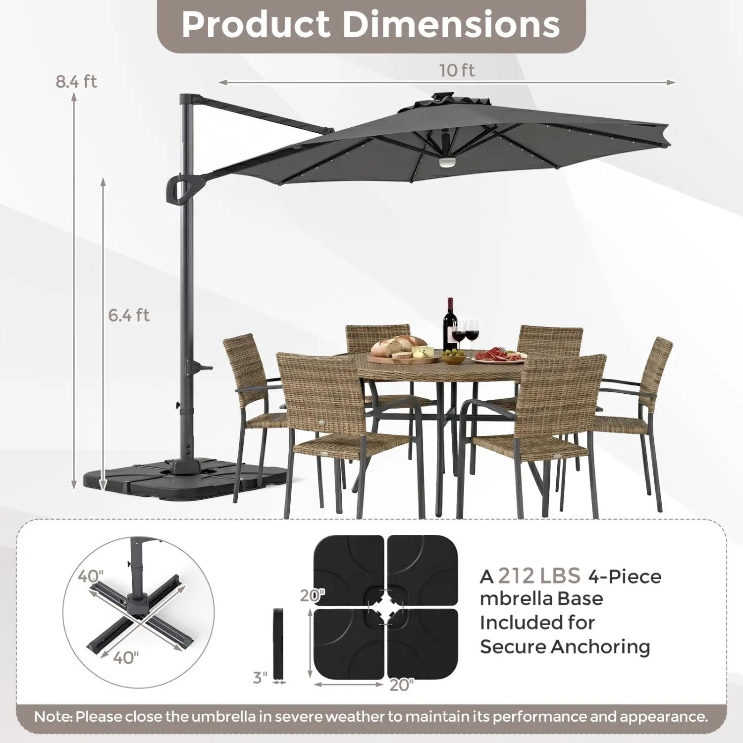 10 FT Cantilever Patio Umbrella with Solar LED Lights & Base by DirectDeals