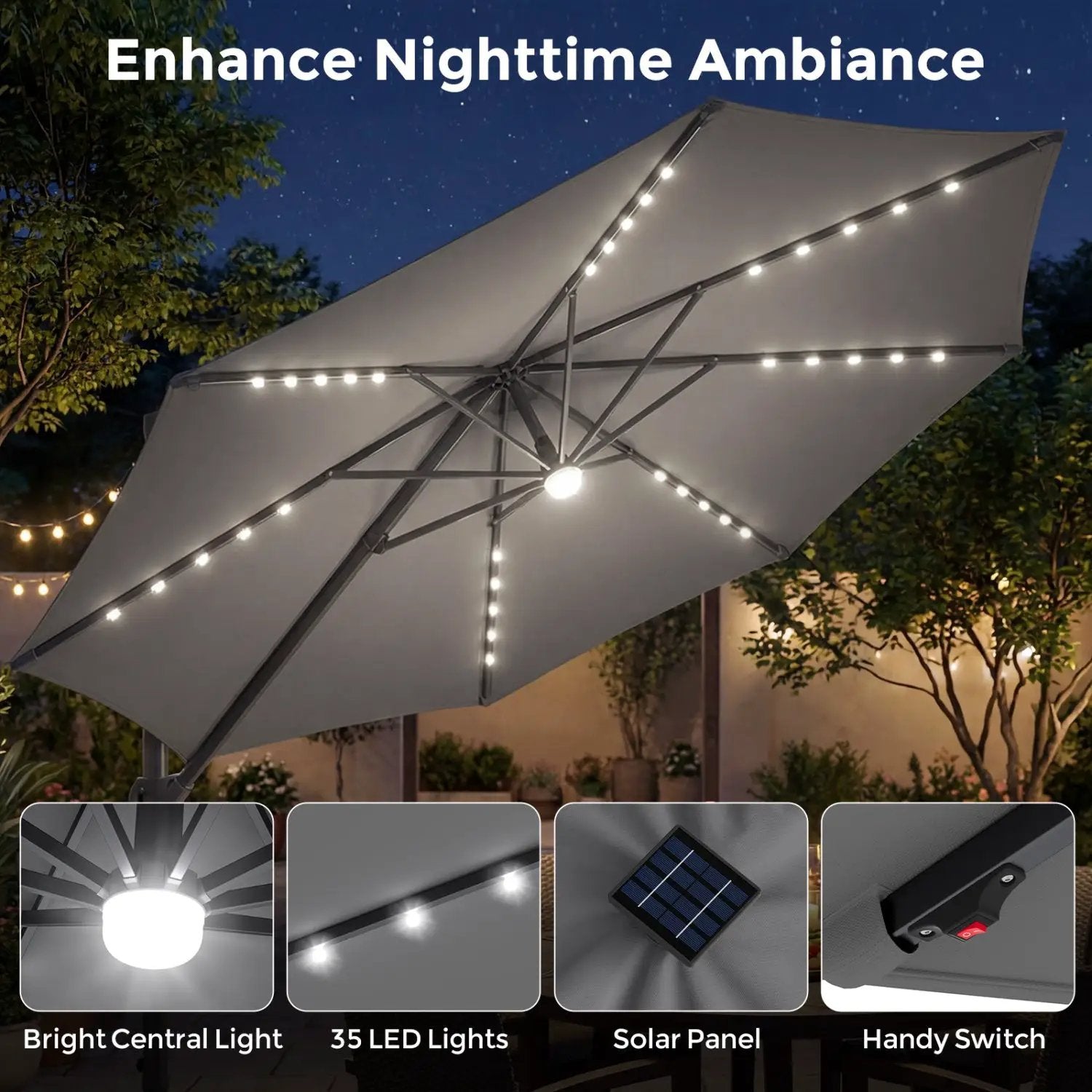 10 FT Cantilever Patio Umbrella with Solar LED Lights & Base by DirectDeals