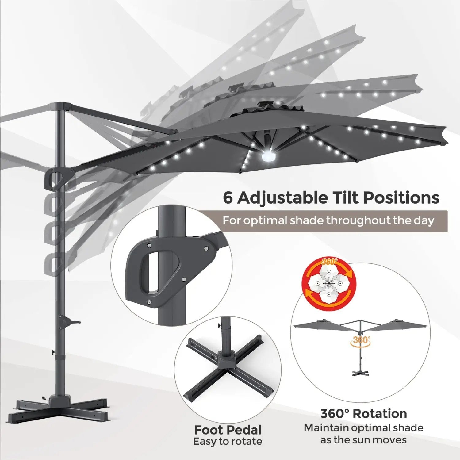 10 FT Cantilever Patio Umbrella with Solar LED Lights & Base by DirectDeals