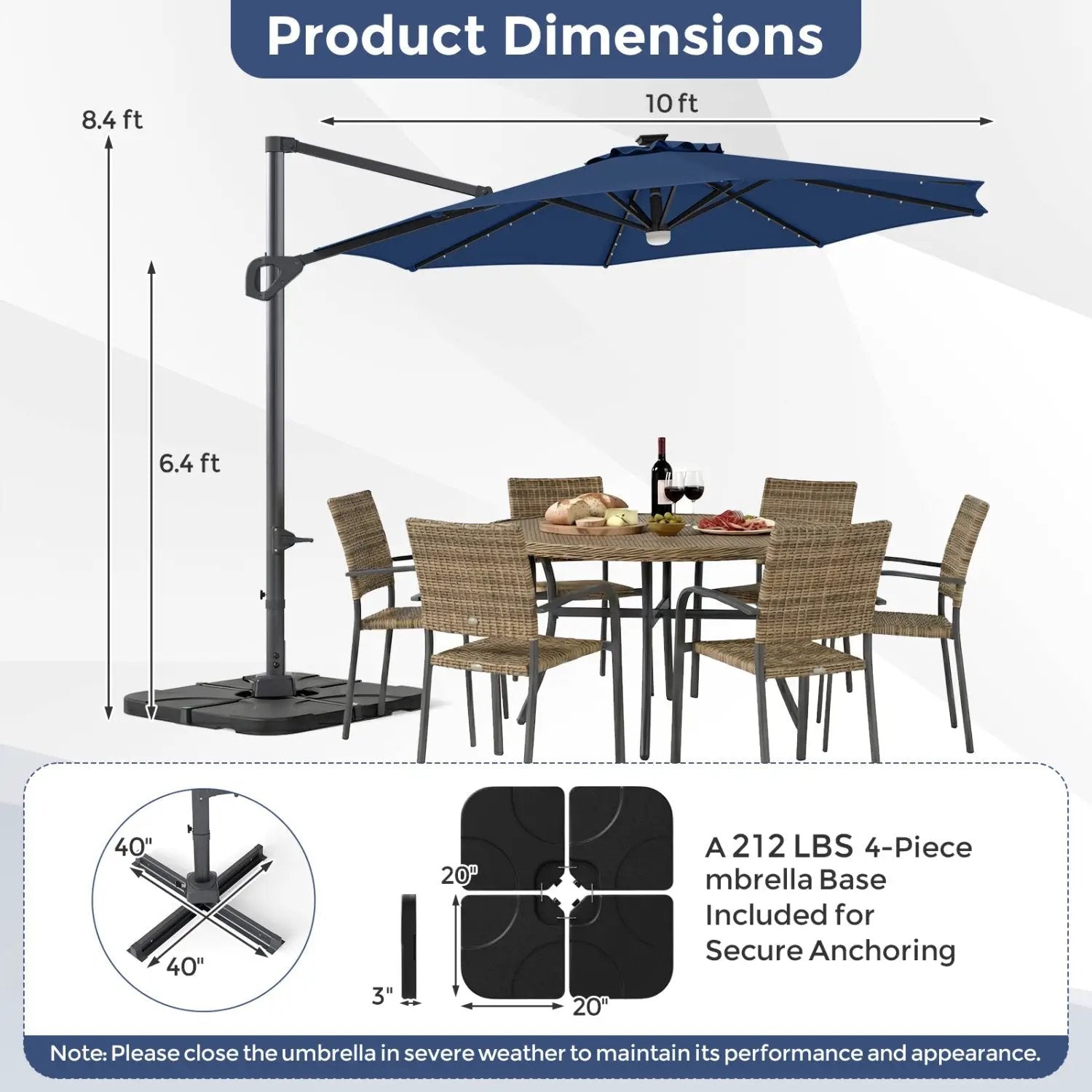 10 FT Cantilever Patio Umbrella with Solar LED Lights & Base by DirectDeals