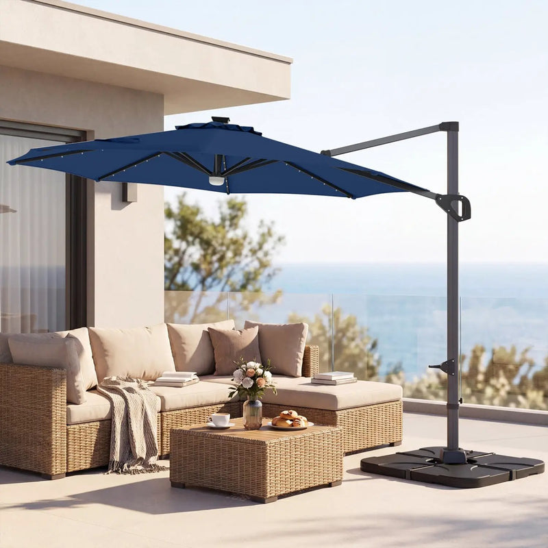 10 FT Cantilever Patio Umbrella with Solar LED Lights & Base by DirectDeals