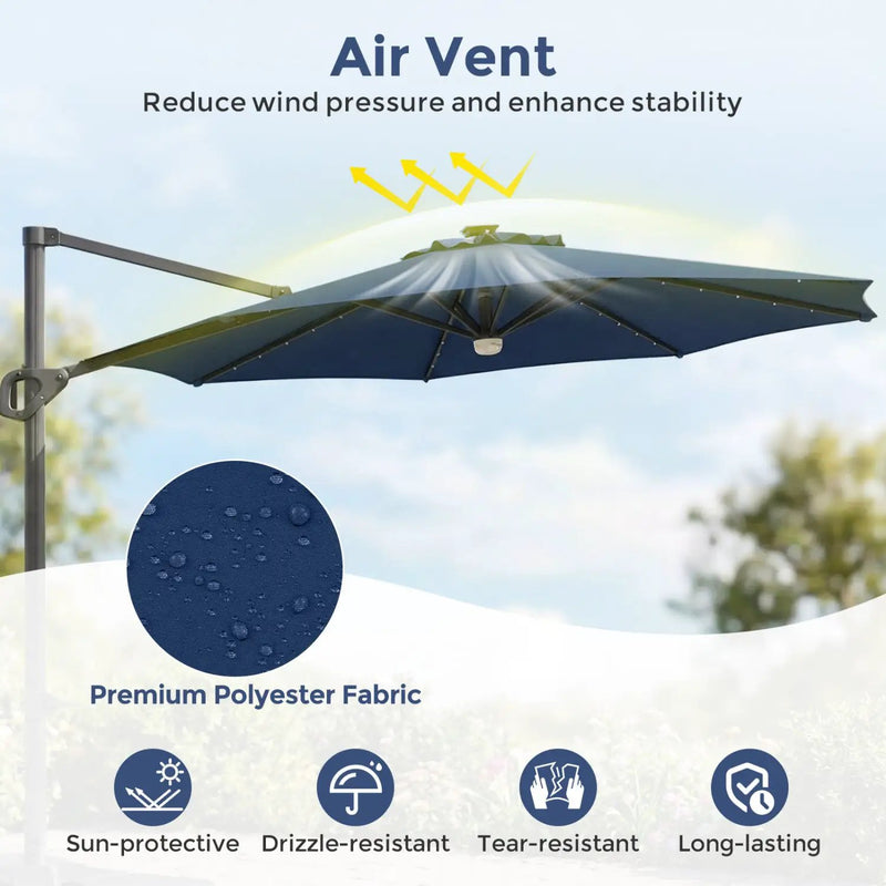 10 FT Cantilever Patio Umbrella with Solar LED Lights & Base by DirectDeals