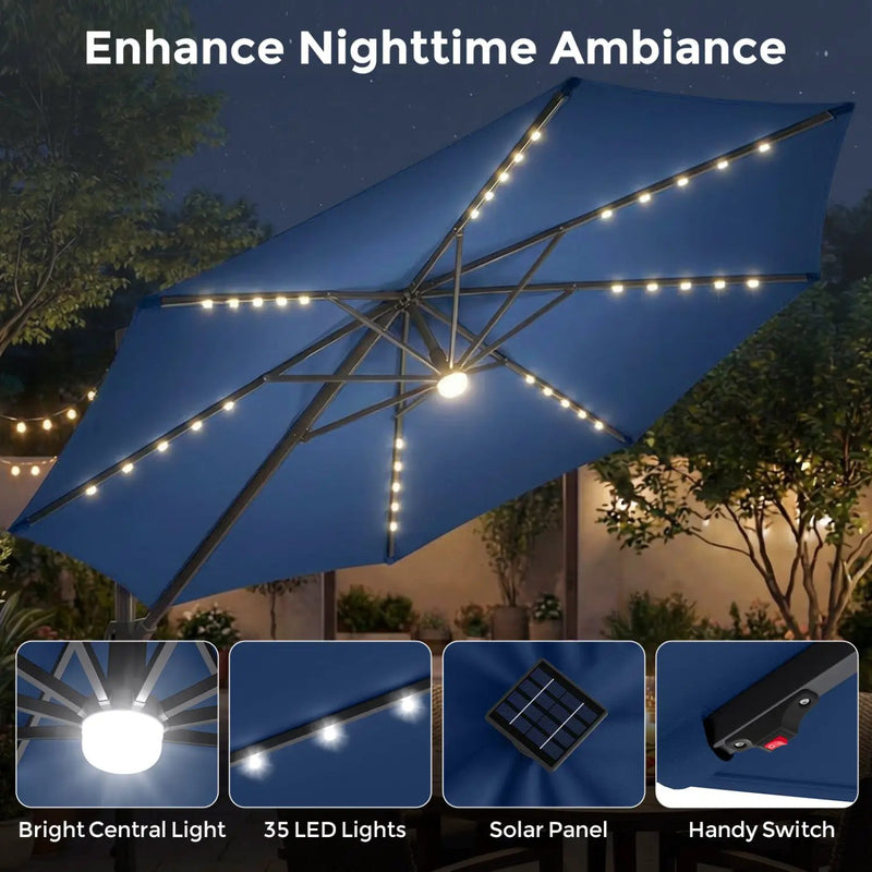 10 FT Cantilever Patio Umbrella with Solar LED Lights & Base by DirectDeals