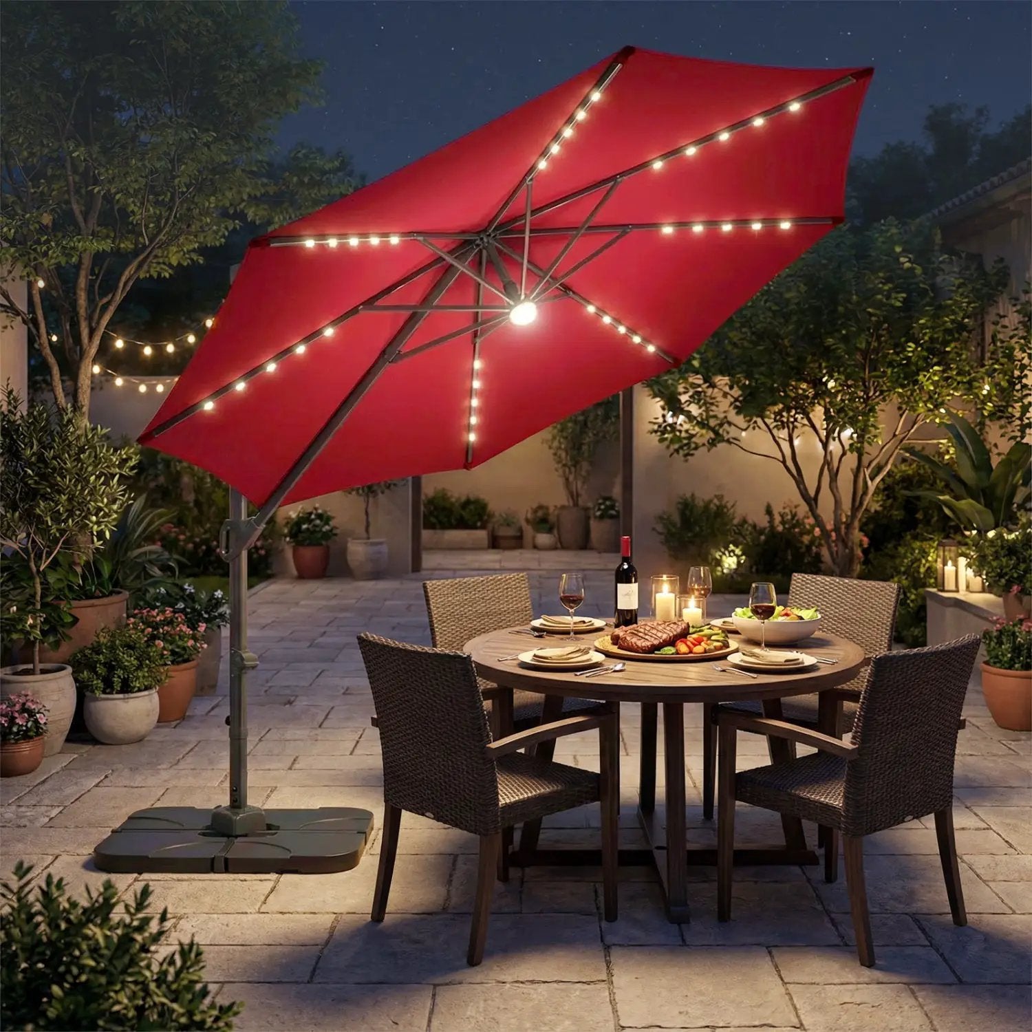 10 FT Cantilever Patio Umbrella with Solar LED Lights & Base by DirectDeals