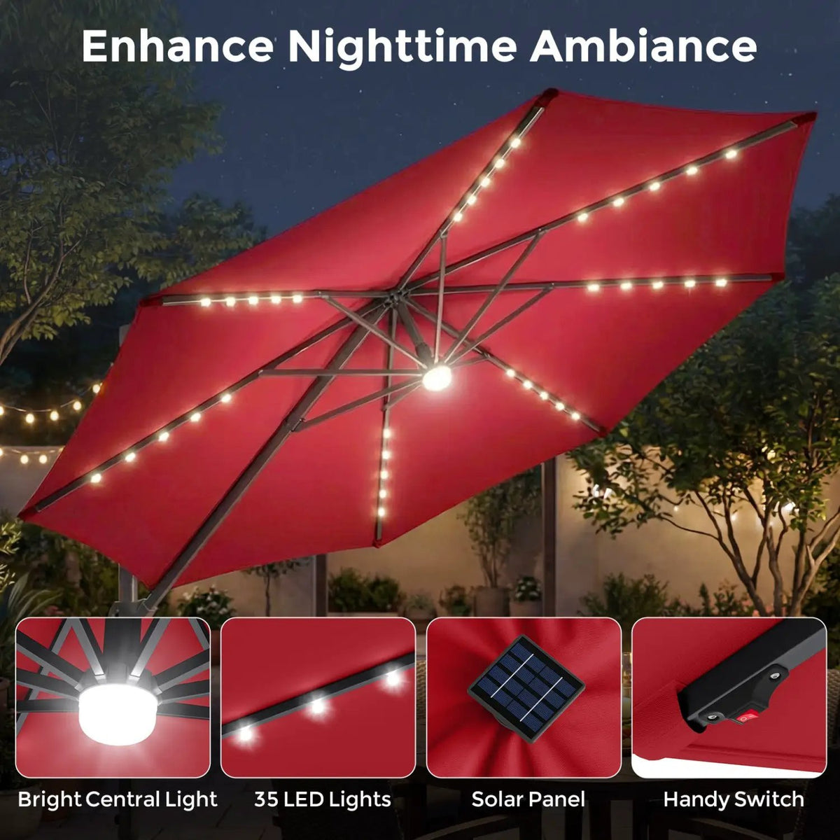 10 FT Cantilever Patio Umbrella with Solar LED Lights & Base, photo 38 of 40