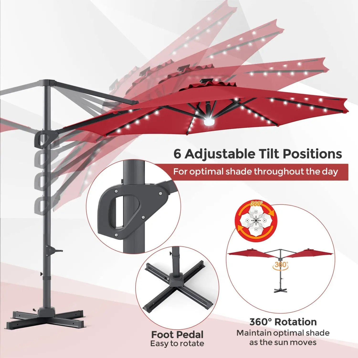 10 FT Cantilever Patio Umbrella with Solar LED Lights & Base by DirectDeals