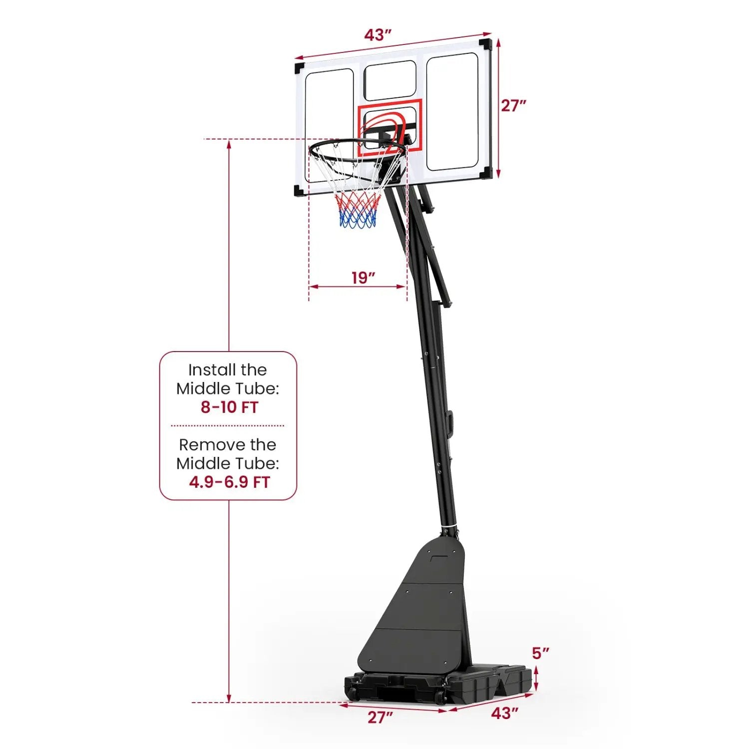 Portable Basketball Hoop Adjustable 4.9-10 Feet with Base by DirectDeals