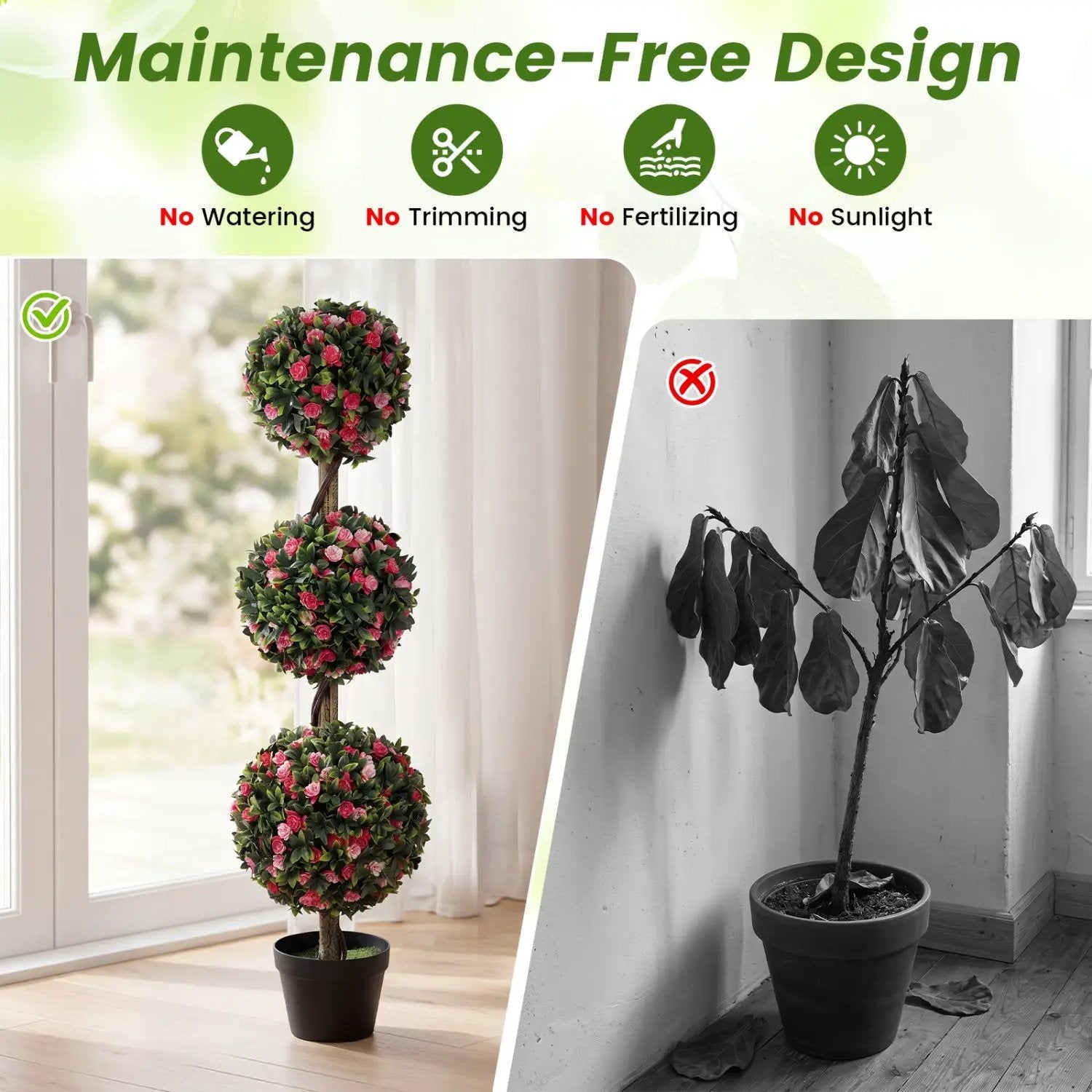 Artificial Triple Ball Rose Topiary Tree 43.5" - Set of 2 by DirectDeals