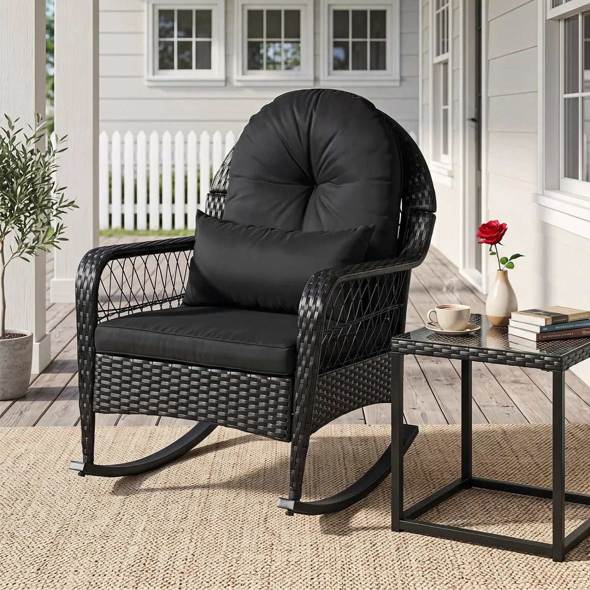 Outdoor Wicker Rocking Chair with Cushions and Anti-Tip Stoppers by DirectDeals