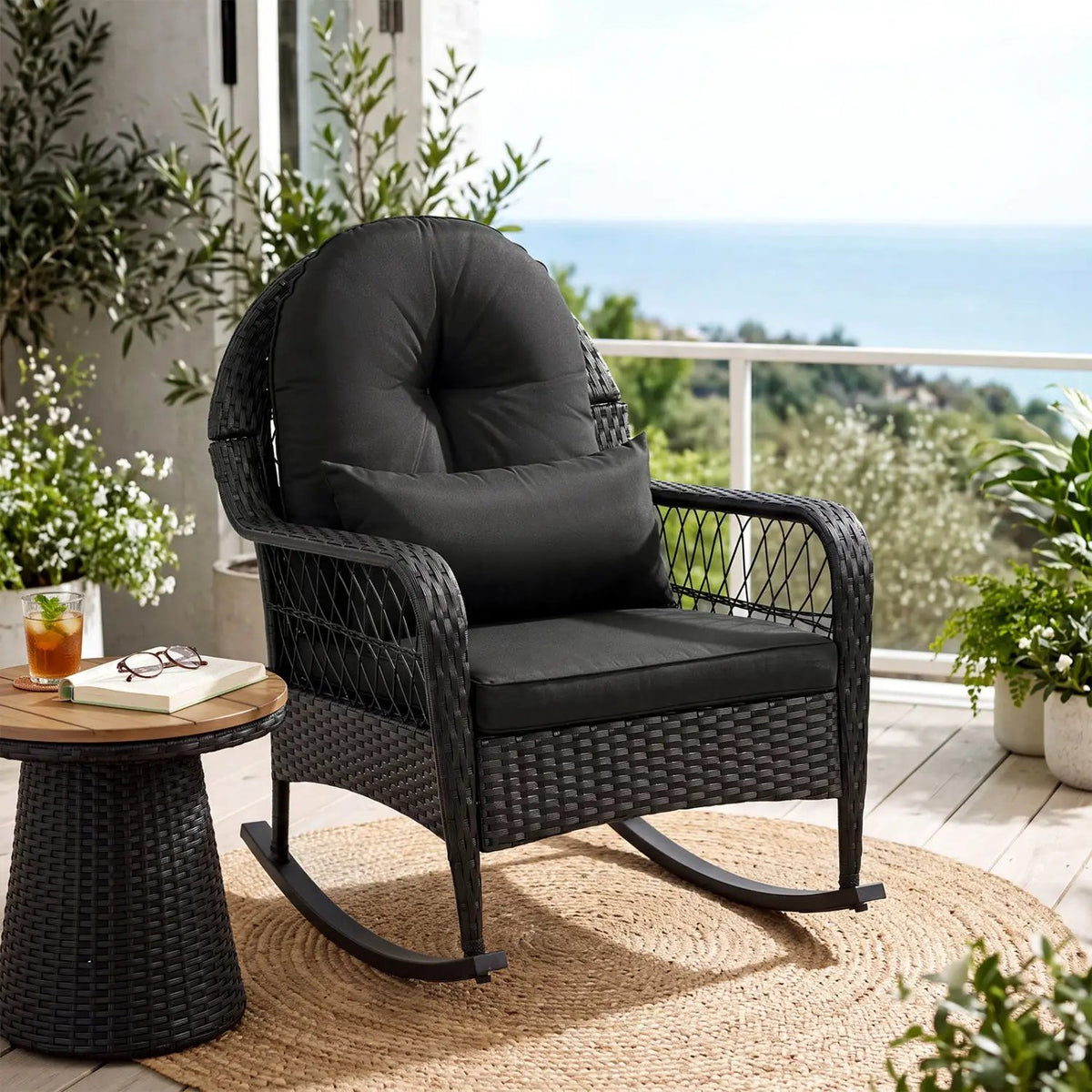 Outdoor Wicker Rocking Chair with Cushions and Anti-Tip Stoppers by DirectDeals