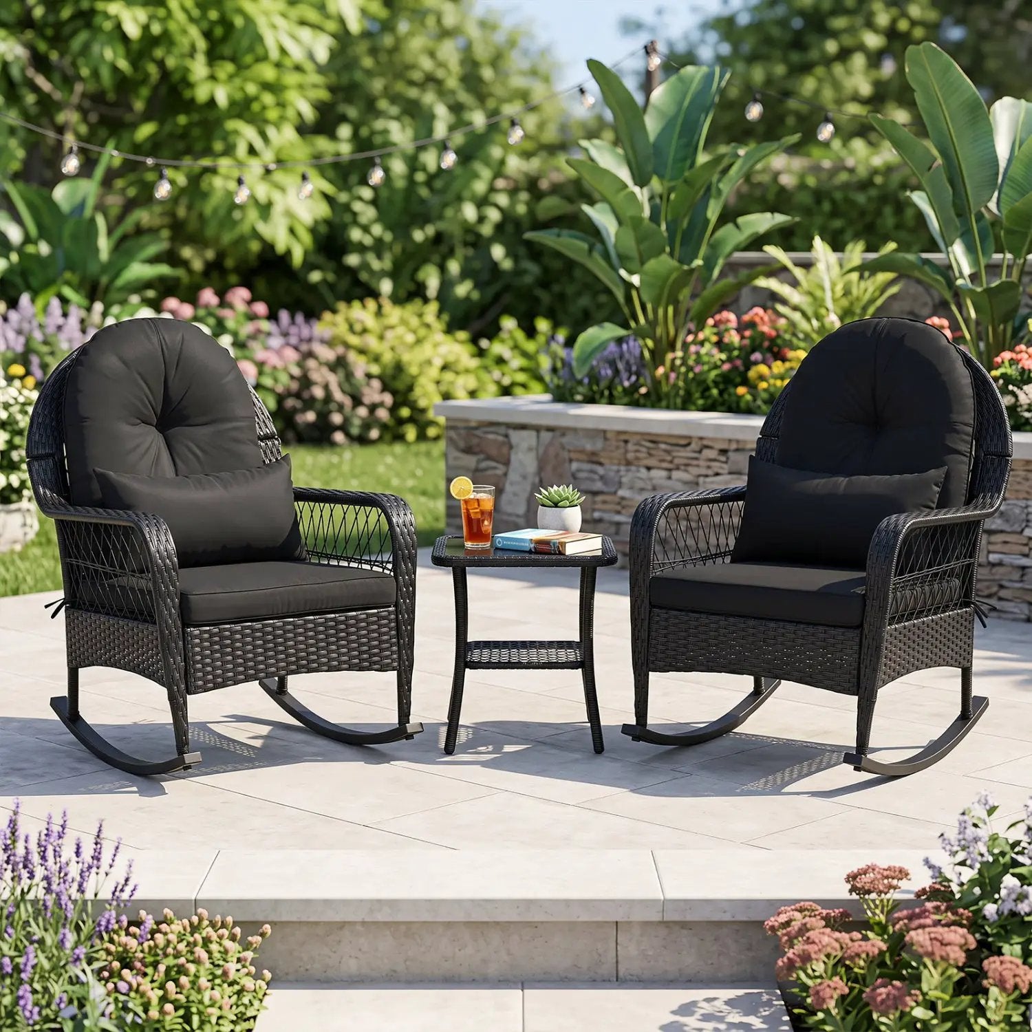 Outdoor Wicker Rocking Chair with Cushions and Anti-Tip Stoppers by DirectDeals