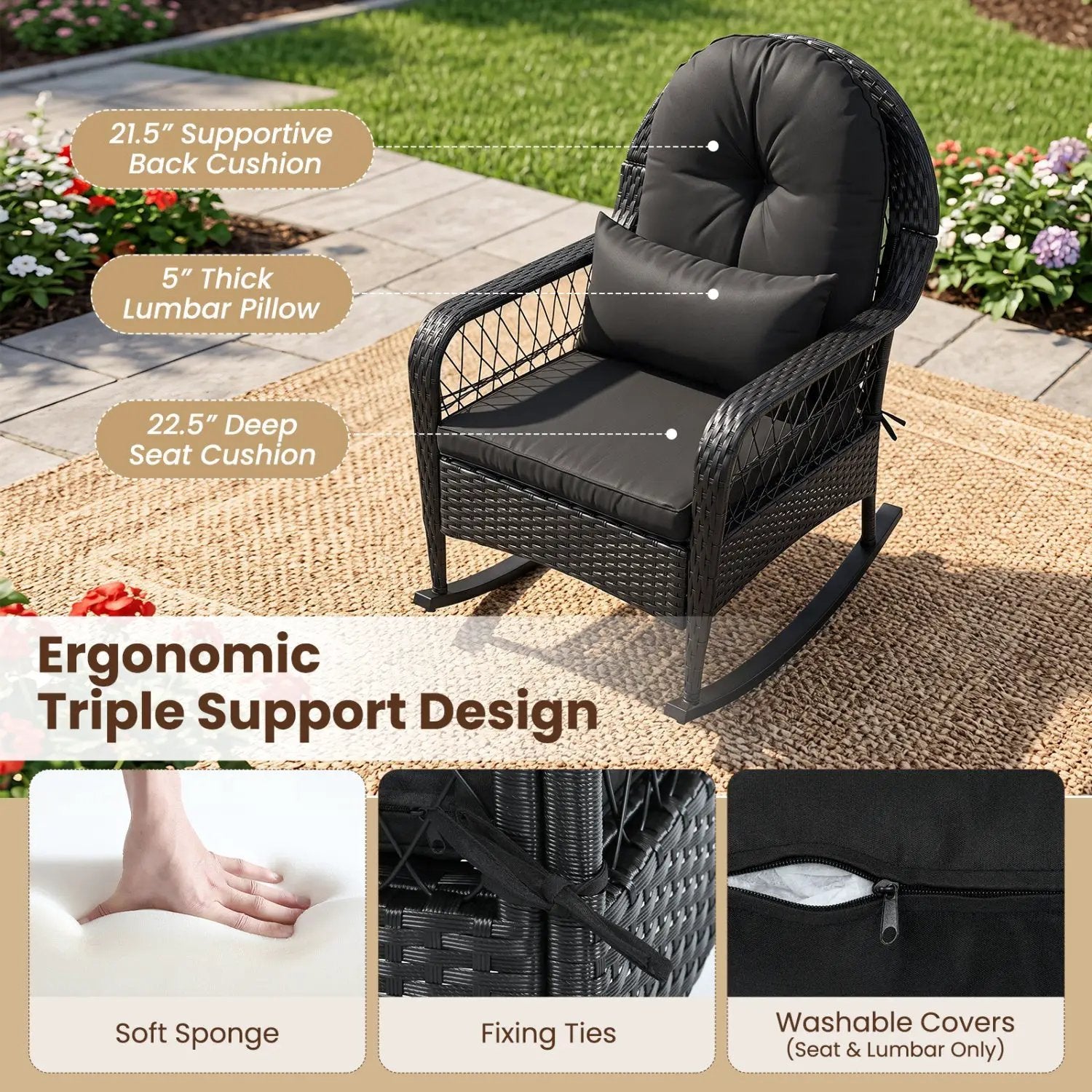 Outdoor Wicker Rocking Chair with Cushions and Anti-Tip Stoppers by DirectDeals