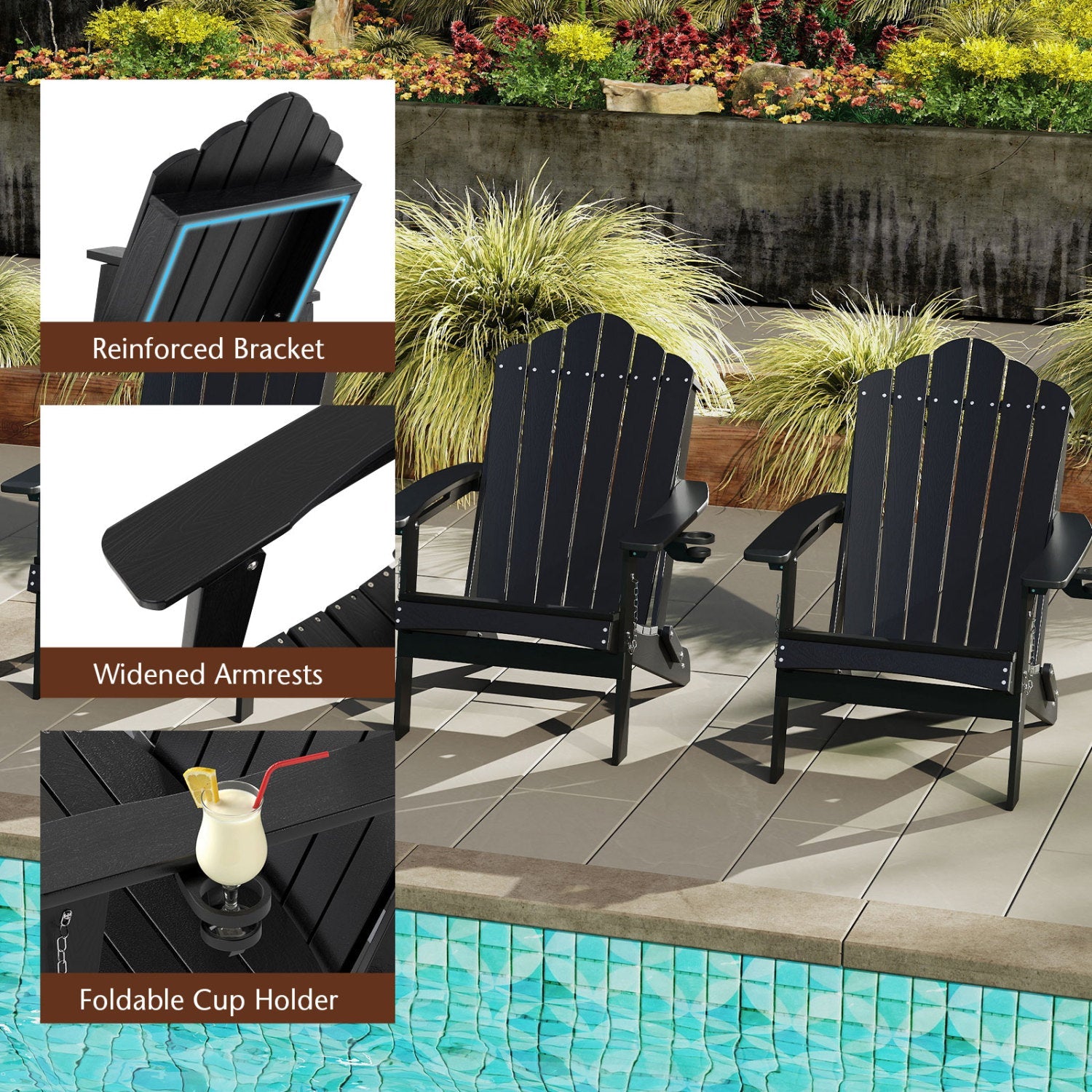 Folding Adirondack Chair with High Backrest - HDPE Weather Resistant by DirectDeals