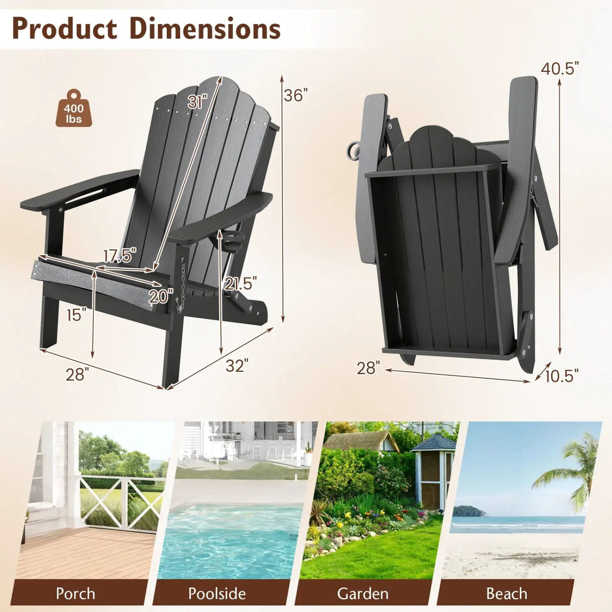 Folding Adirondack Chair with High Backrest - HDPE Weather Resistant, photo 10 of 21