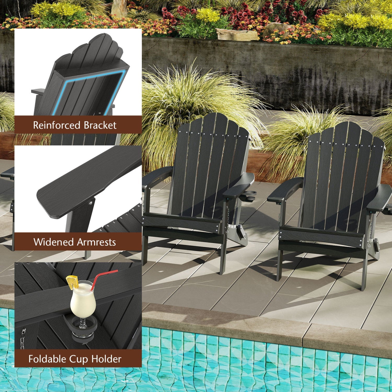 Folding Adirondack Chair with High Backrest - HDPE Weather Resistant by DirectDeals
