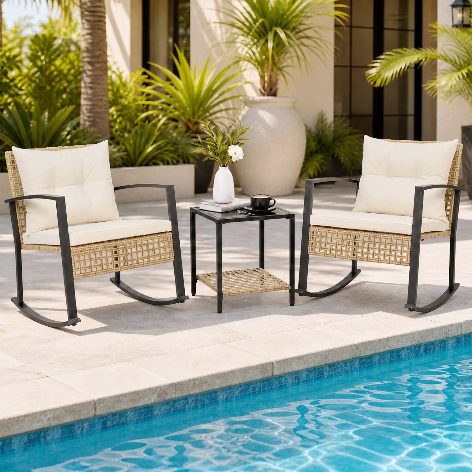 3-Piece Rattan Patio Conversation Set with Rocking Chairs by DirectDeals
