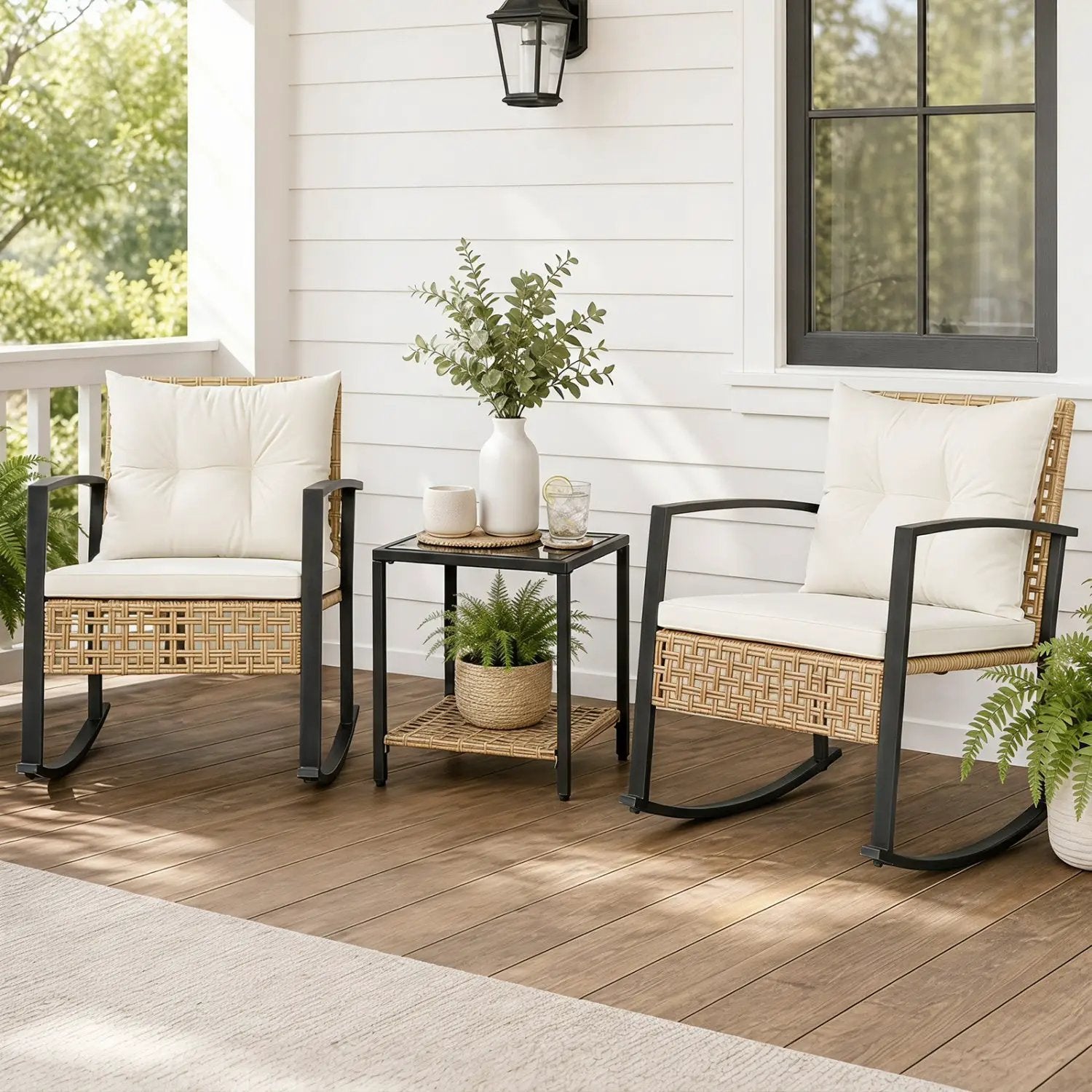 3-Piece Rattan Patio Conversation Set with Rocking Chairs by DirectDeals