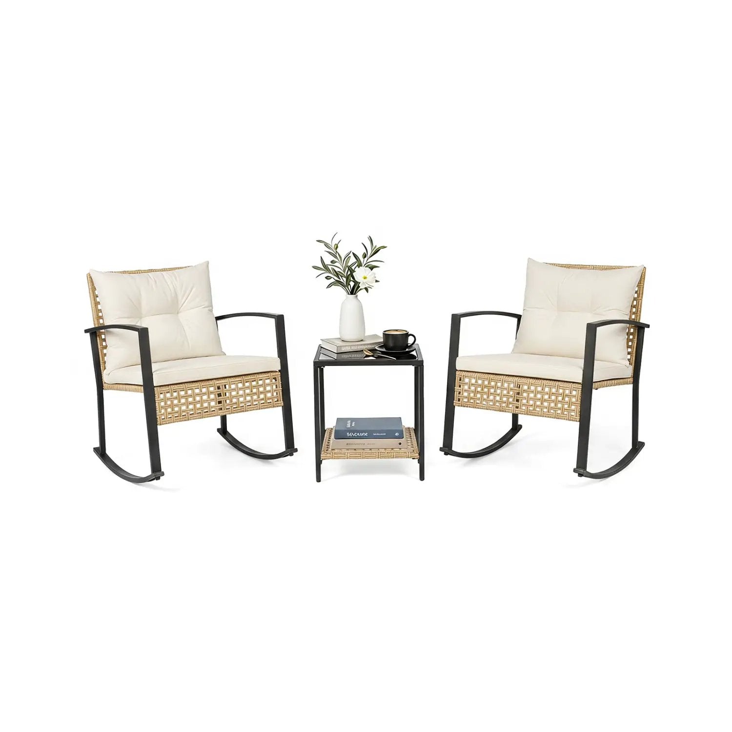 3-Piece Rattan Patio Conversation Set with Rocking Chairs by DirectDeals