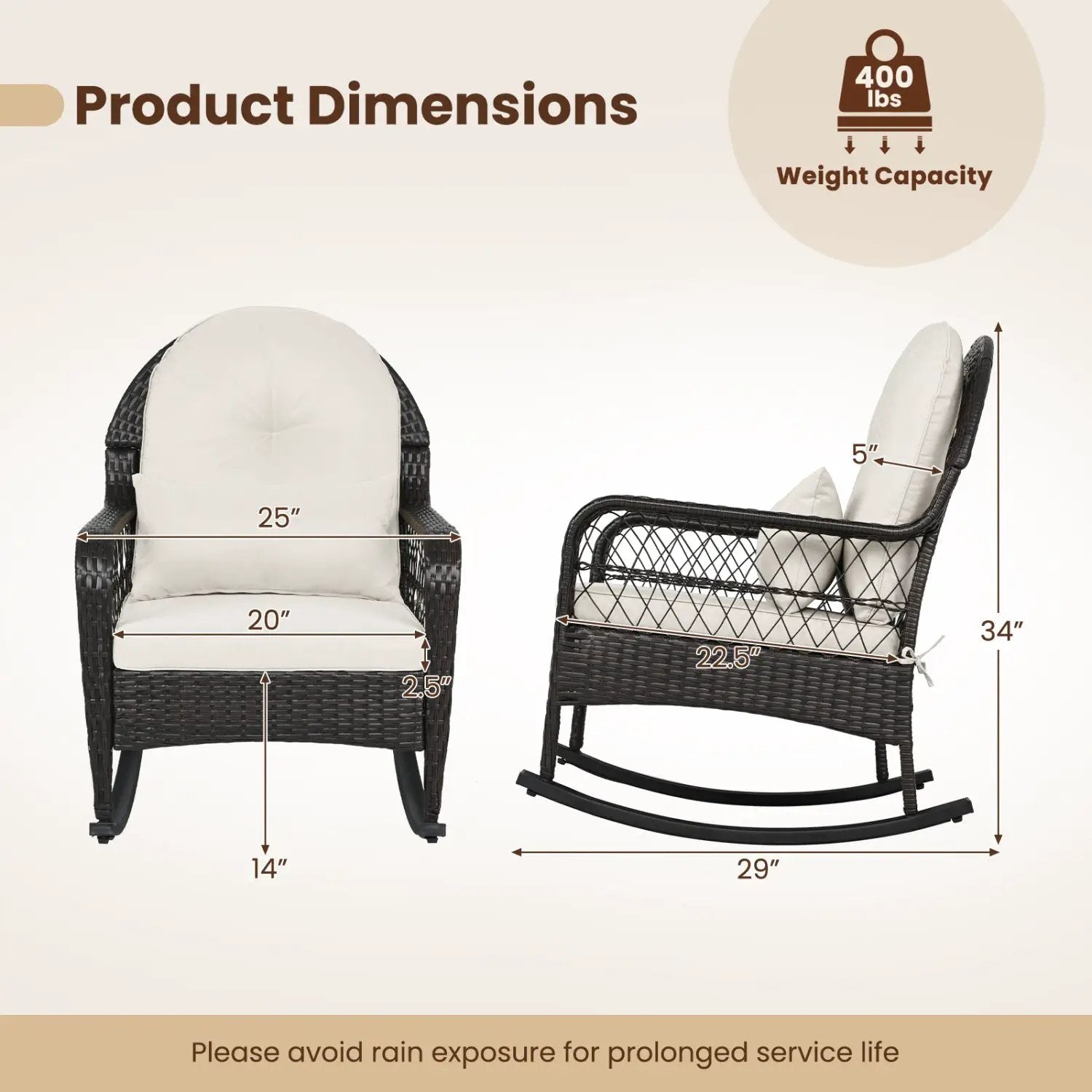 Outdoor Wicker Rocking Chair with Cushions - 400 LBS Capacity by DirectDeals