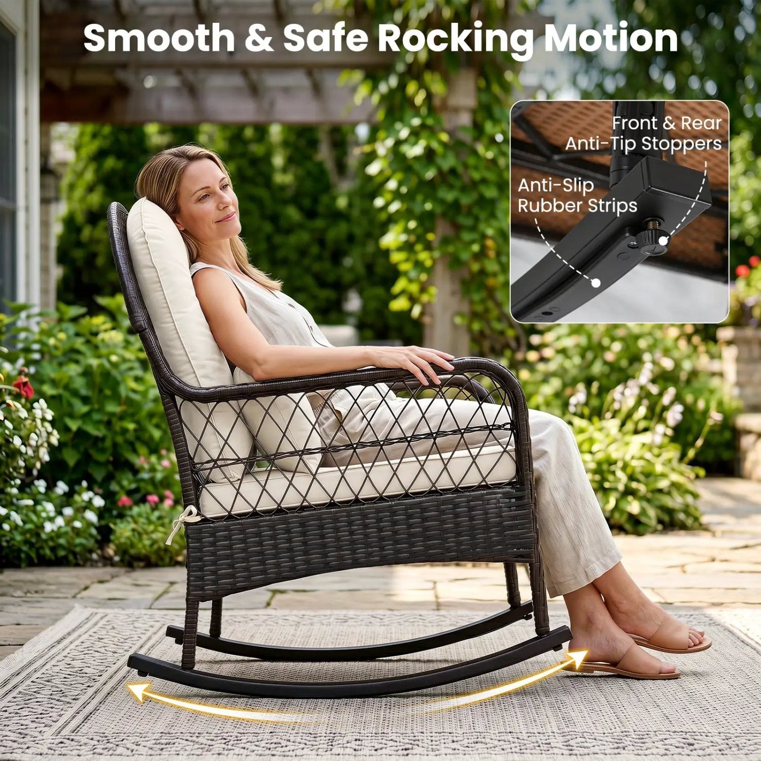 Outdoor Wicker Rocking Chair with Cushions - 400 LBS Capacity by DirectDeals