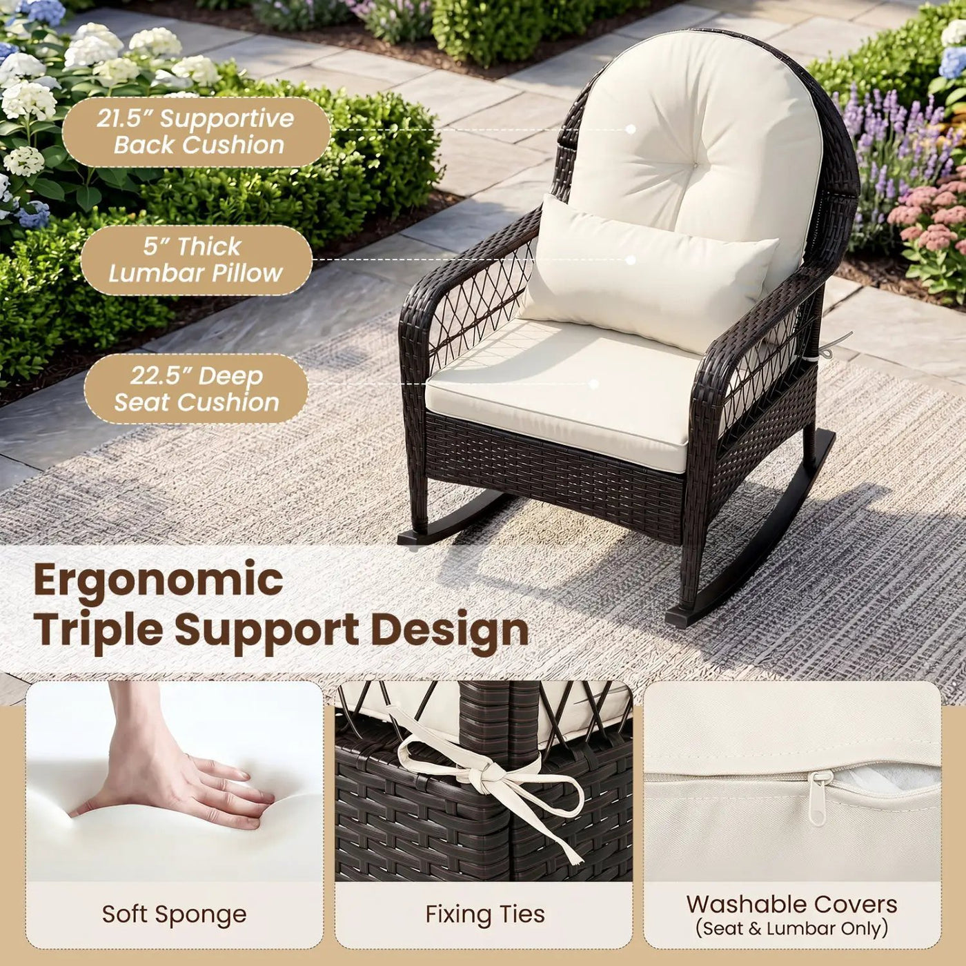 Outdoor Wicker Rocking Chair with Cushions - 400 LBS Capacity by DirectDeals