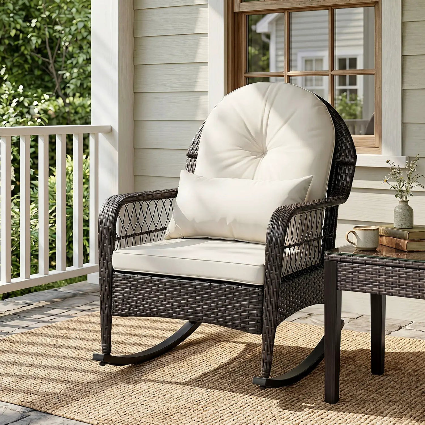 Outdoor Wicker Rocking Chair with Cushions - 400 LBS Capacity by DirectDeals