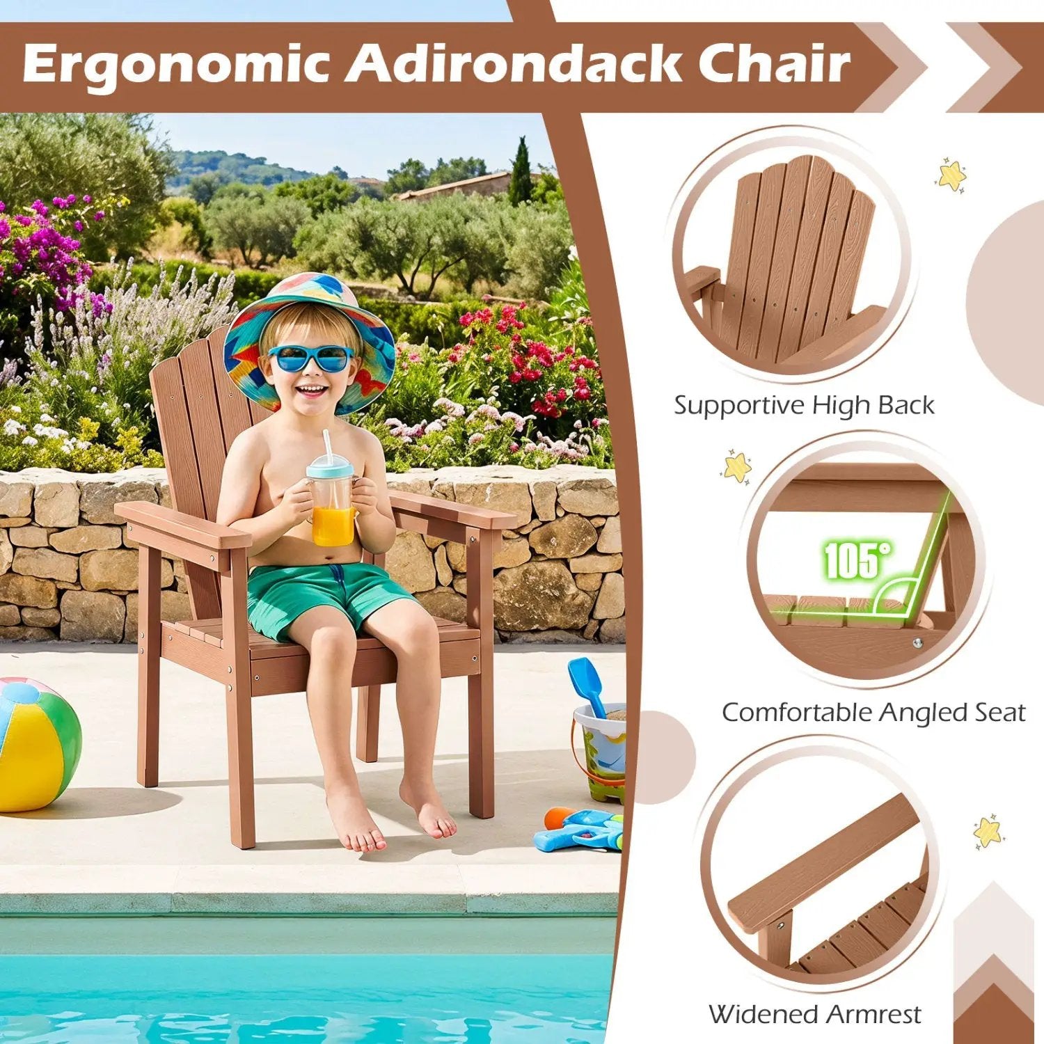 Adirondack Chair with High Backrest and Wide Armrests by DirectDeals