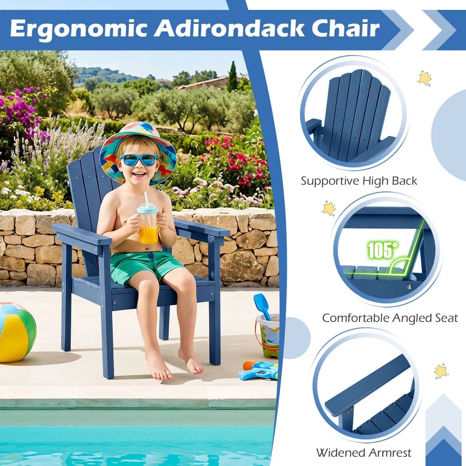 Adirondack Chair with High Backrest and Wide Armrests by DirectDeals
