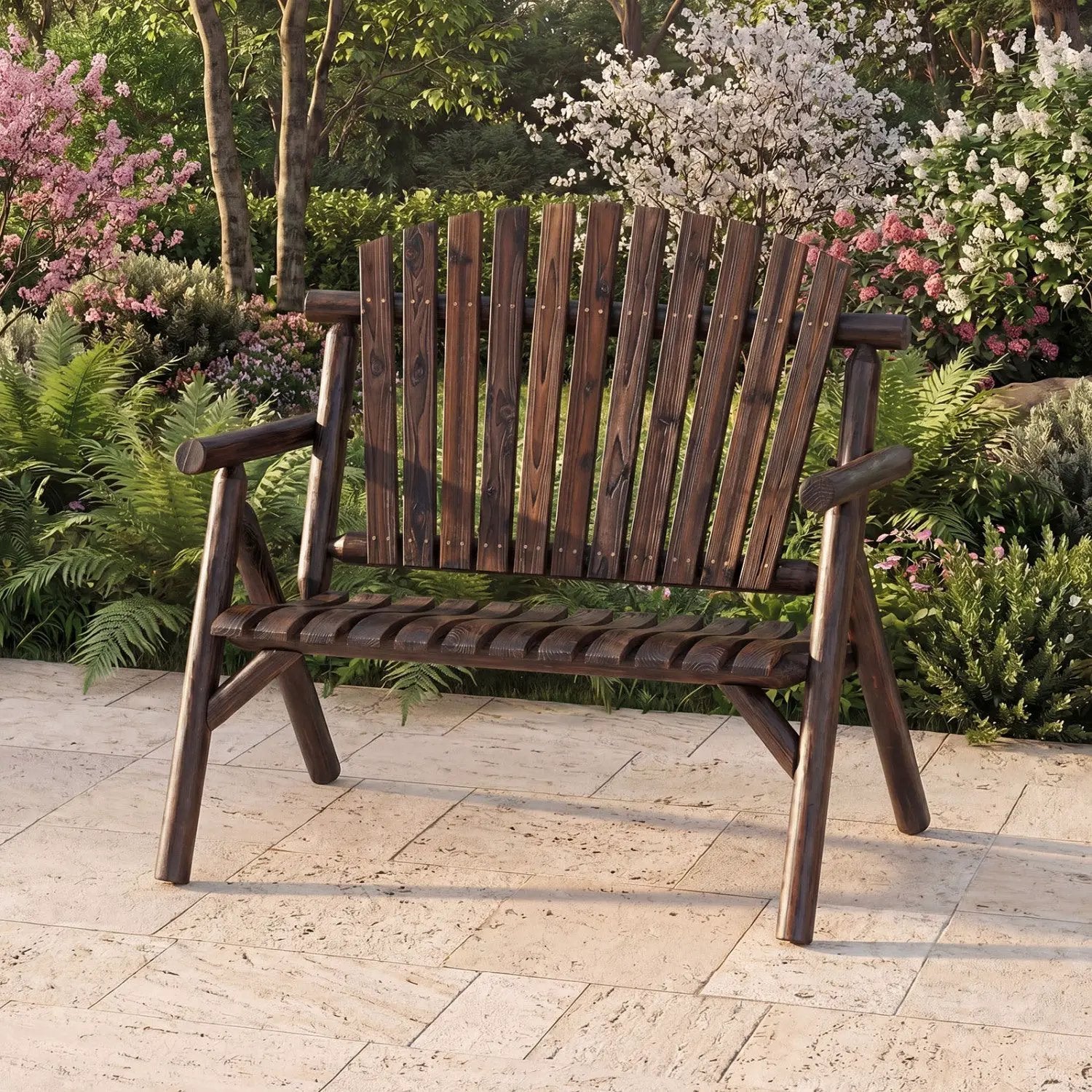 2-Person Log Wood Patio Bench with Slatted Backrest by DirectDeals