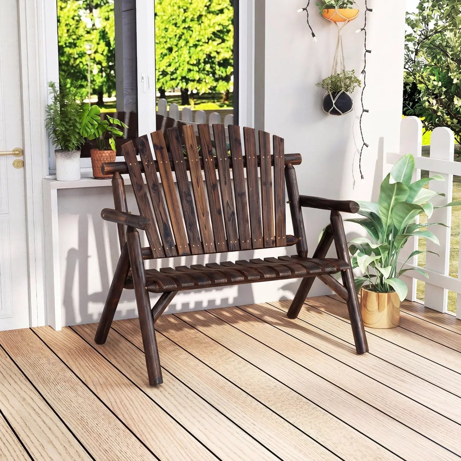 2-Person Log Wood Patio Bench with Slatted Backrest by DirectDeals