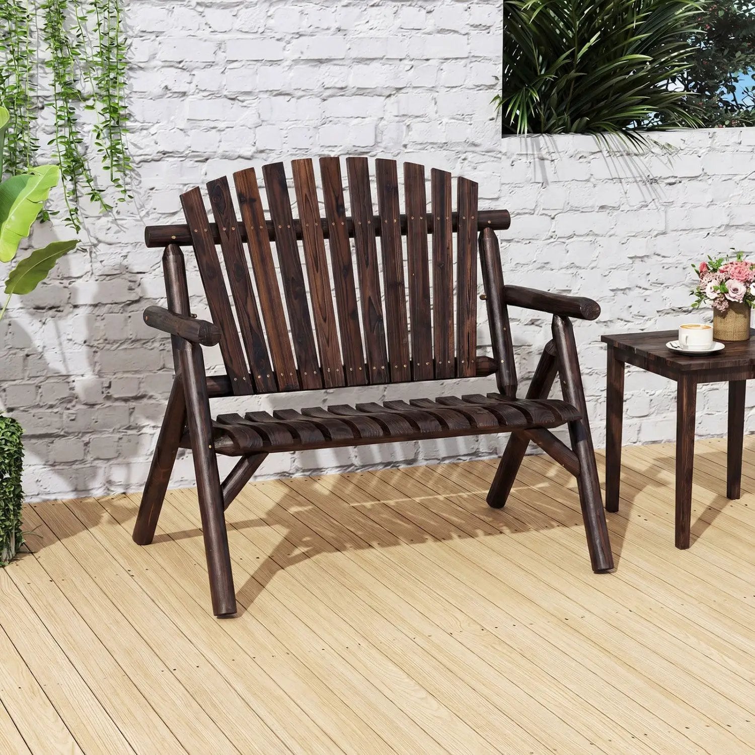 2-Person Log Wood Patio Bench with Slatted Backrest by DirectDeals