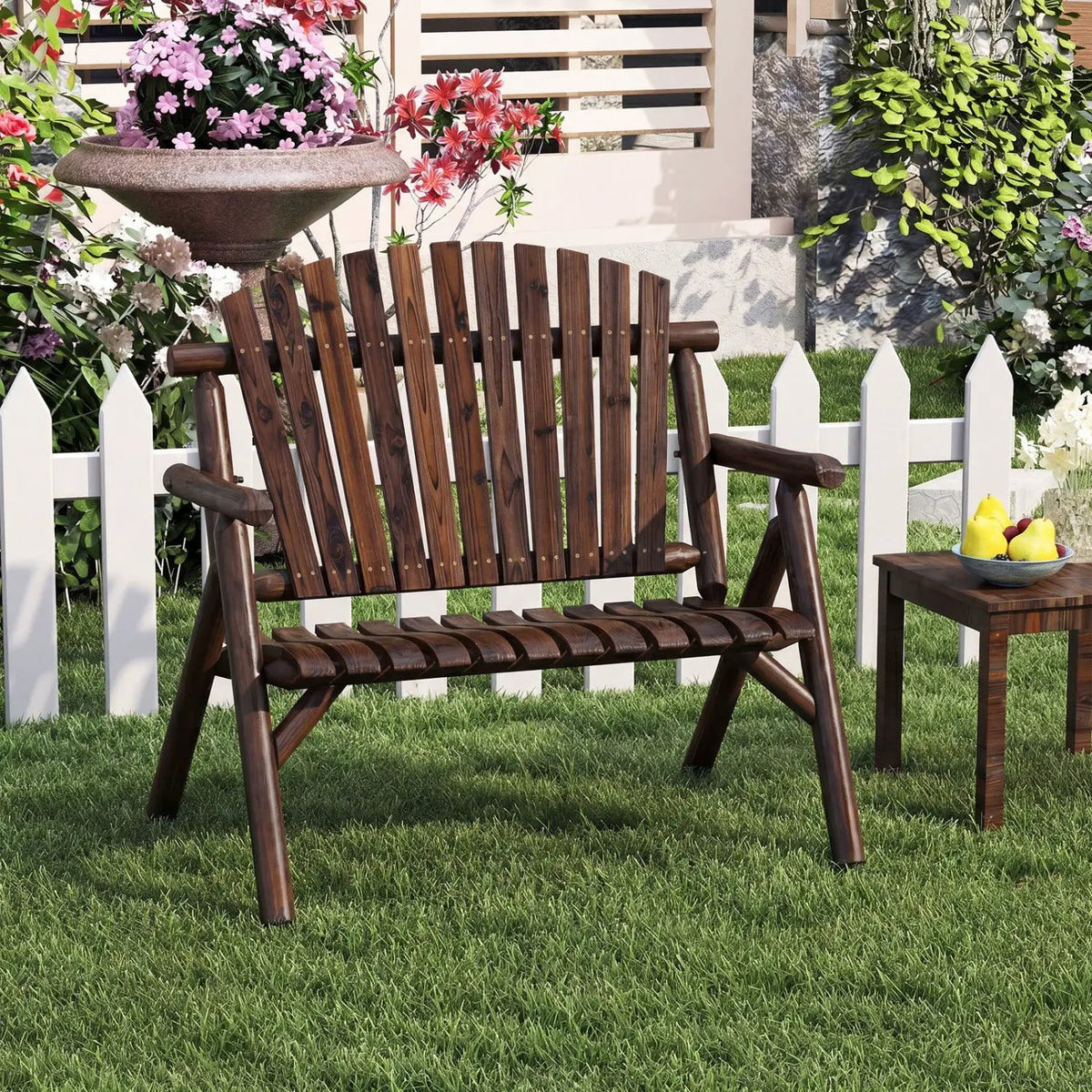2-Person Log Wood Patio Bench with Slatted Backrest by DirectDeals