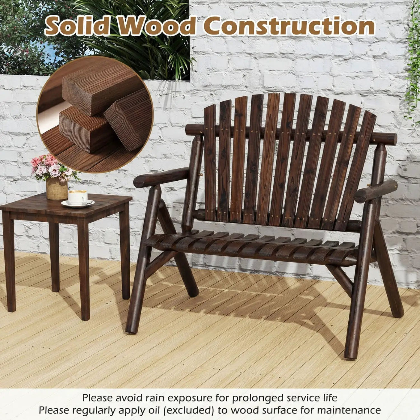 2-Person Log Wood Patio Bench with Slatted Backrest by DirectDeals