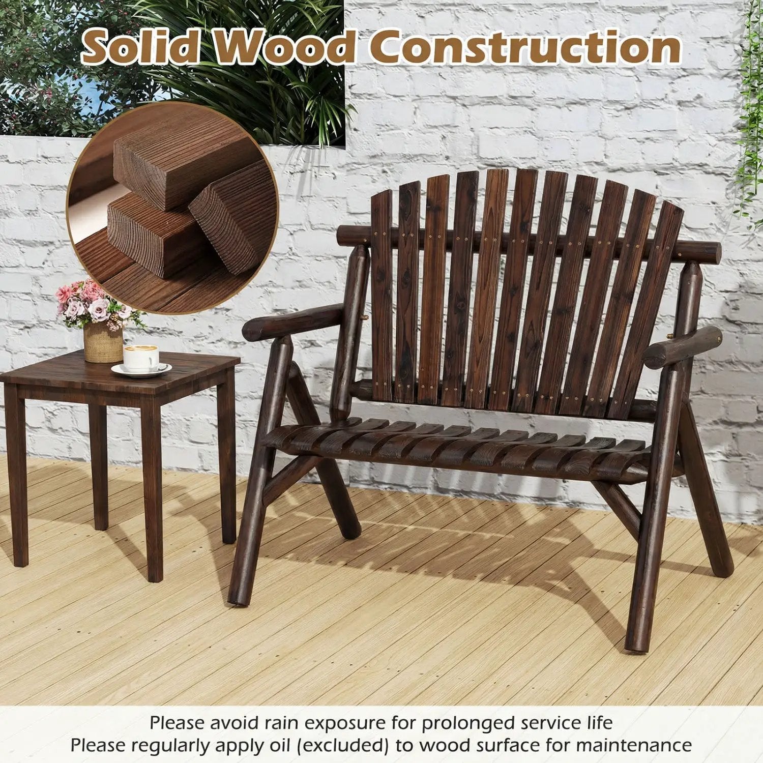 2-Person Log Wood Patio Bench with Slatted Backrest by DirectDeals