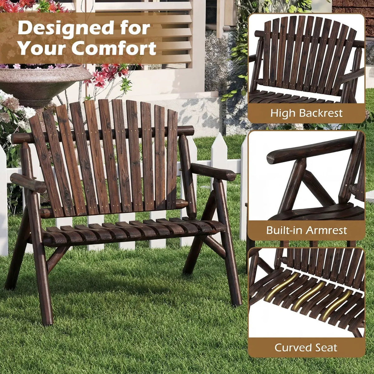 2-Person Log Wood Patio Bench with Slatted Backrest by DirectDeals
