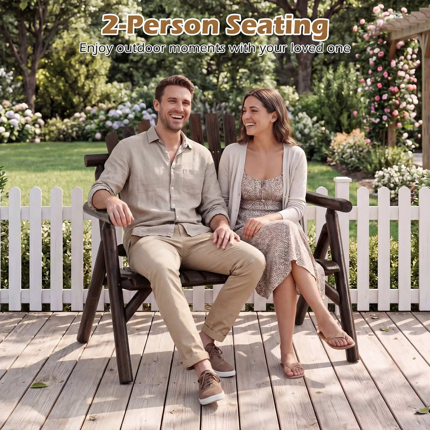 2-Person Log Wood Patio Bench with Slatted Backrest by DirectDeals