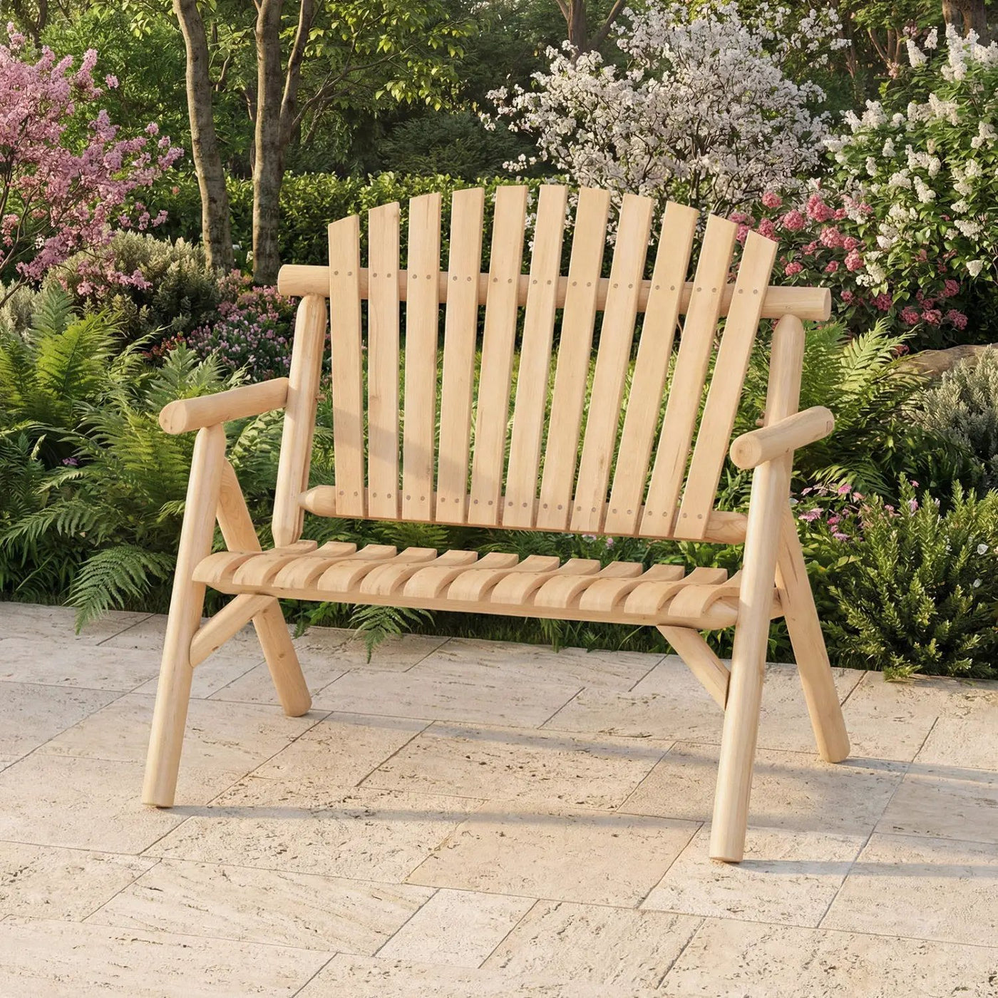 2-Person Log Wood Patio Bench with Slatted Backrest by DirectDeals