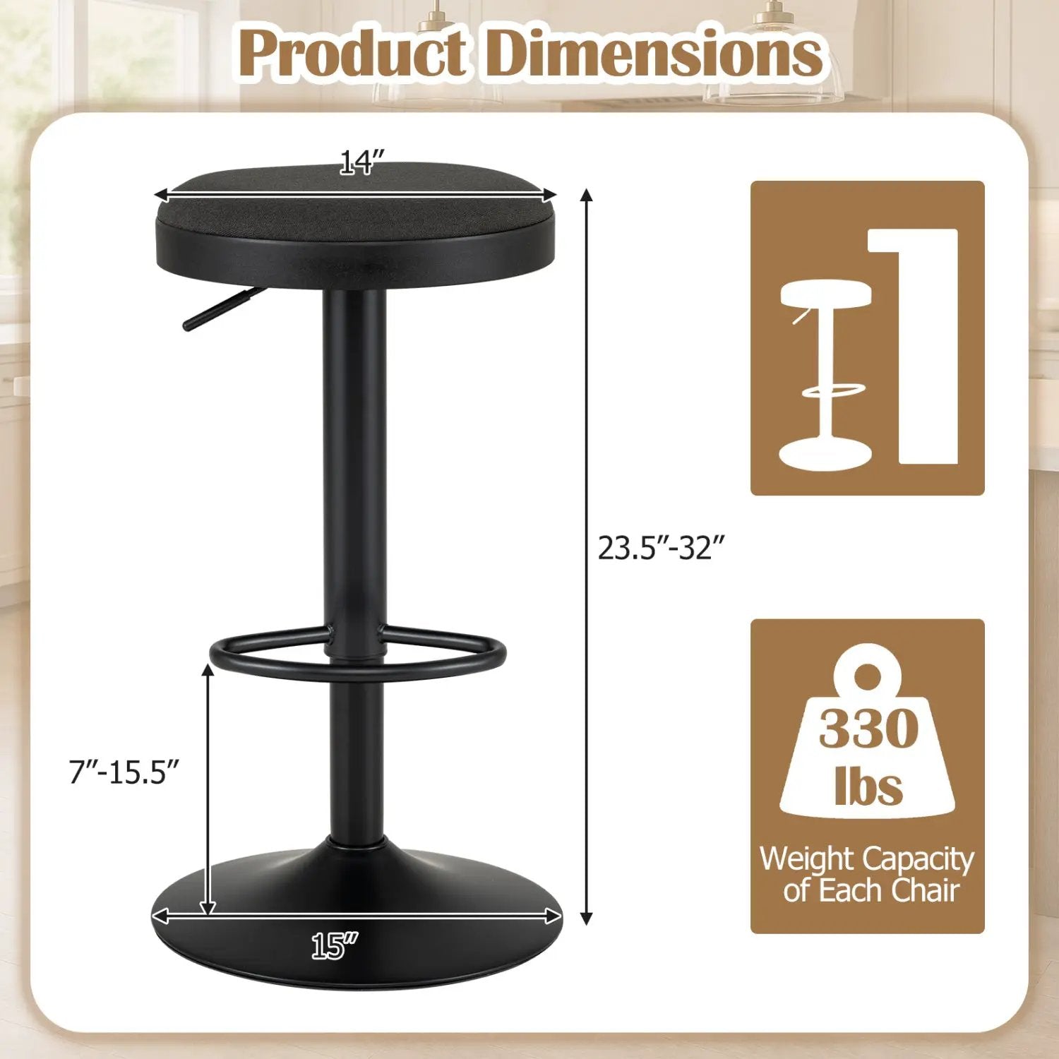 Adjustable Bar Stools Set of 2 with Padded Seat by DirectDeals