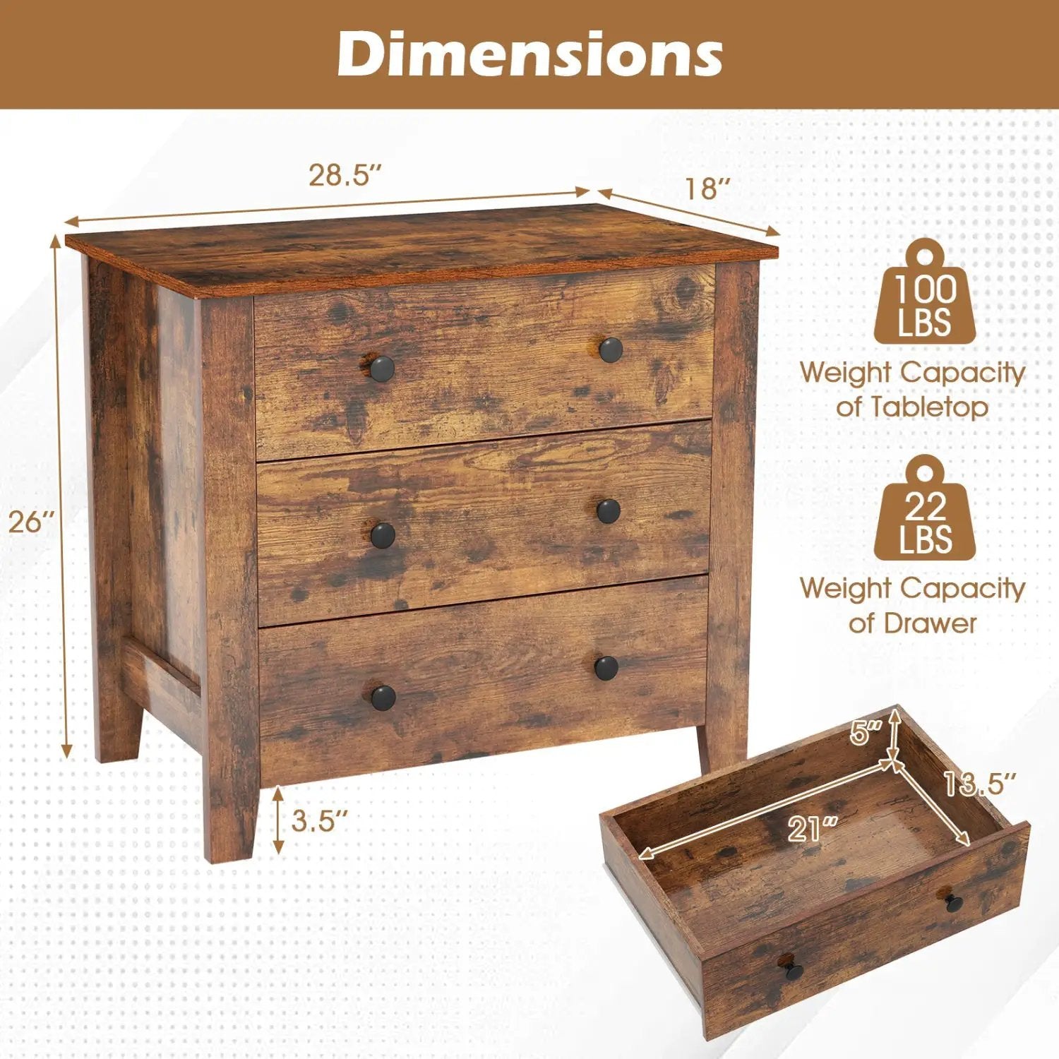 3-Drawer Dresser with Tapered Legs - Rustic Brown by DirectDeals