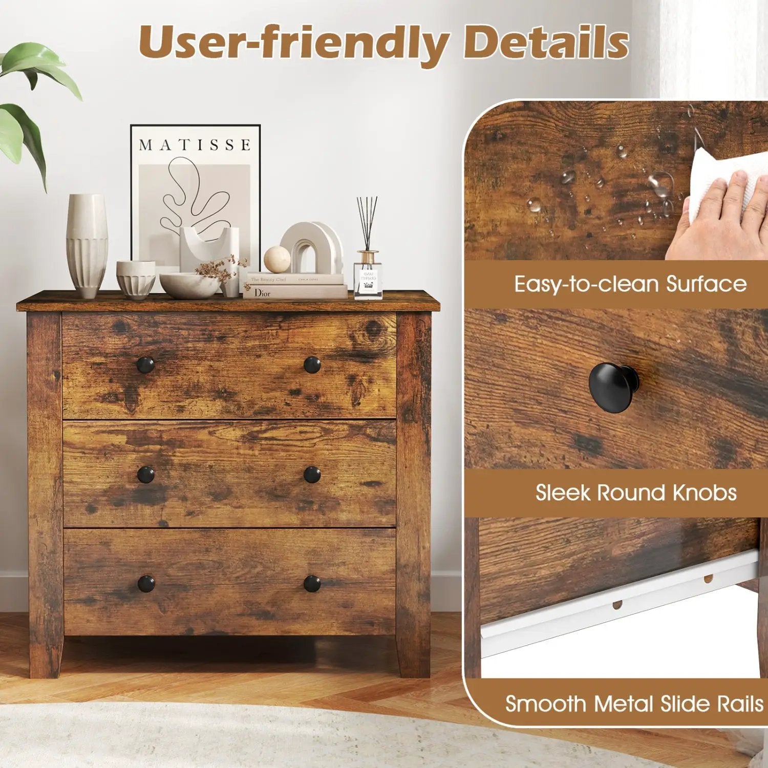 3-Drawer Dresser with Tapered Legs - Rustic Brown by DirectDeals