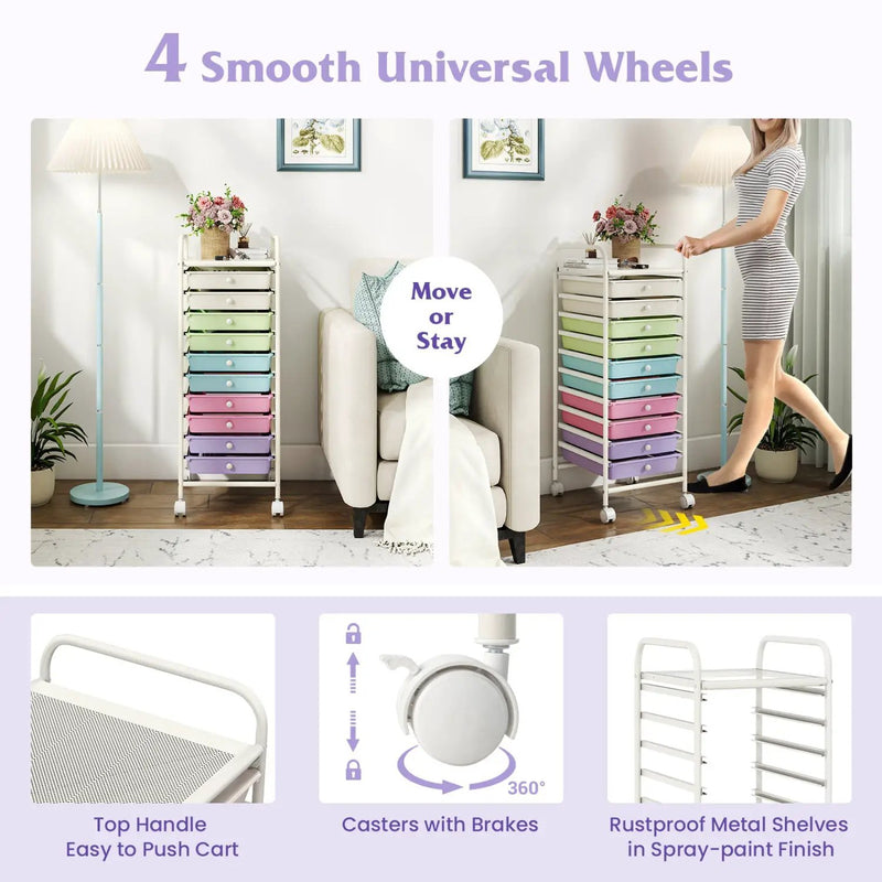 10 Drawer Rolling Storage Cart with Locking Wheels by DirectDeals